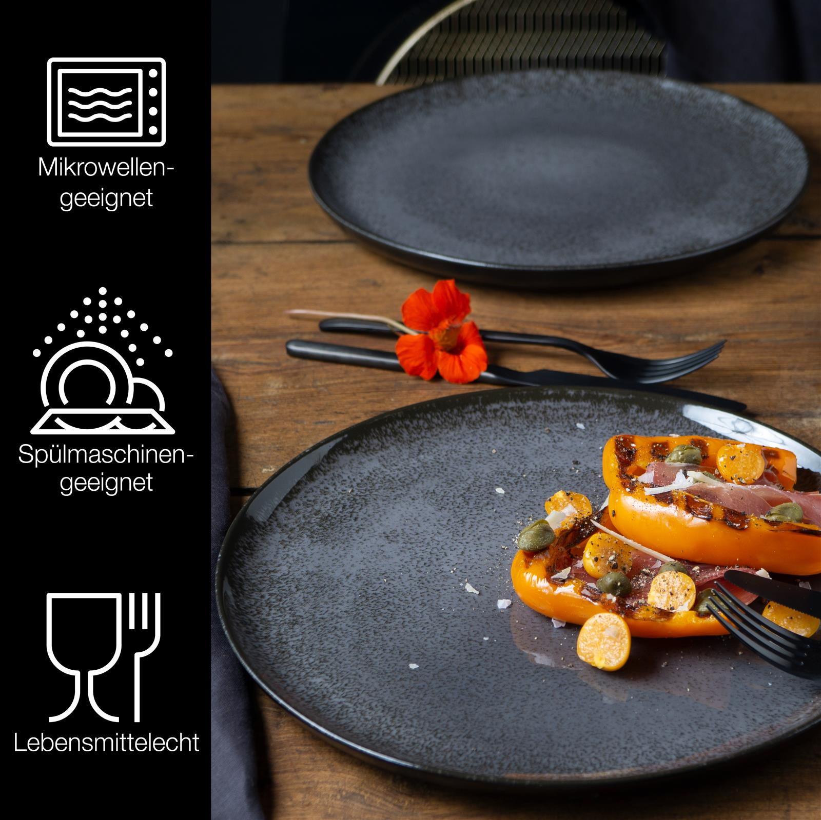 Tellerset in Anthrazit, Ein 6-teiliges Dinnerteller-Set in Anthrazit von M&M Gourmet, präsentiert auf einer gedeckten Tafel