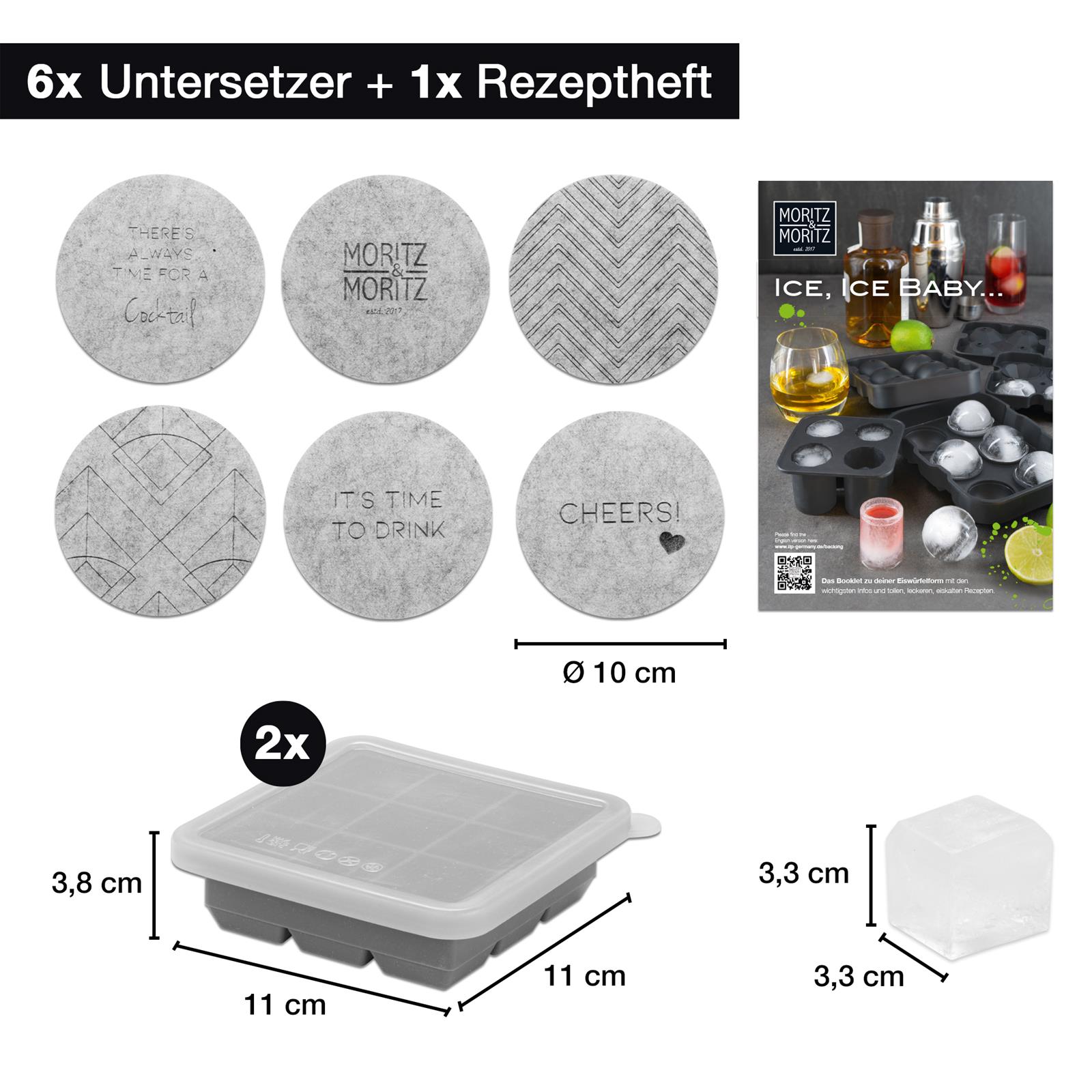 Eiswürfelform mit Deckel aus Silikon, 9 eckige Würfelfächer, in blauer Farbe, abgebildet in einer hellen Küche