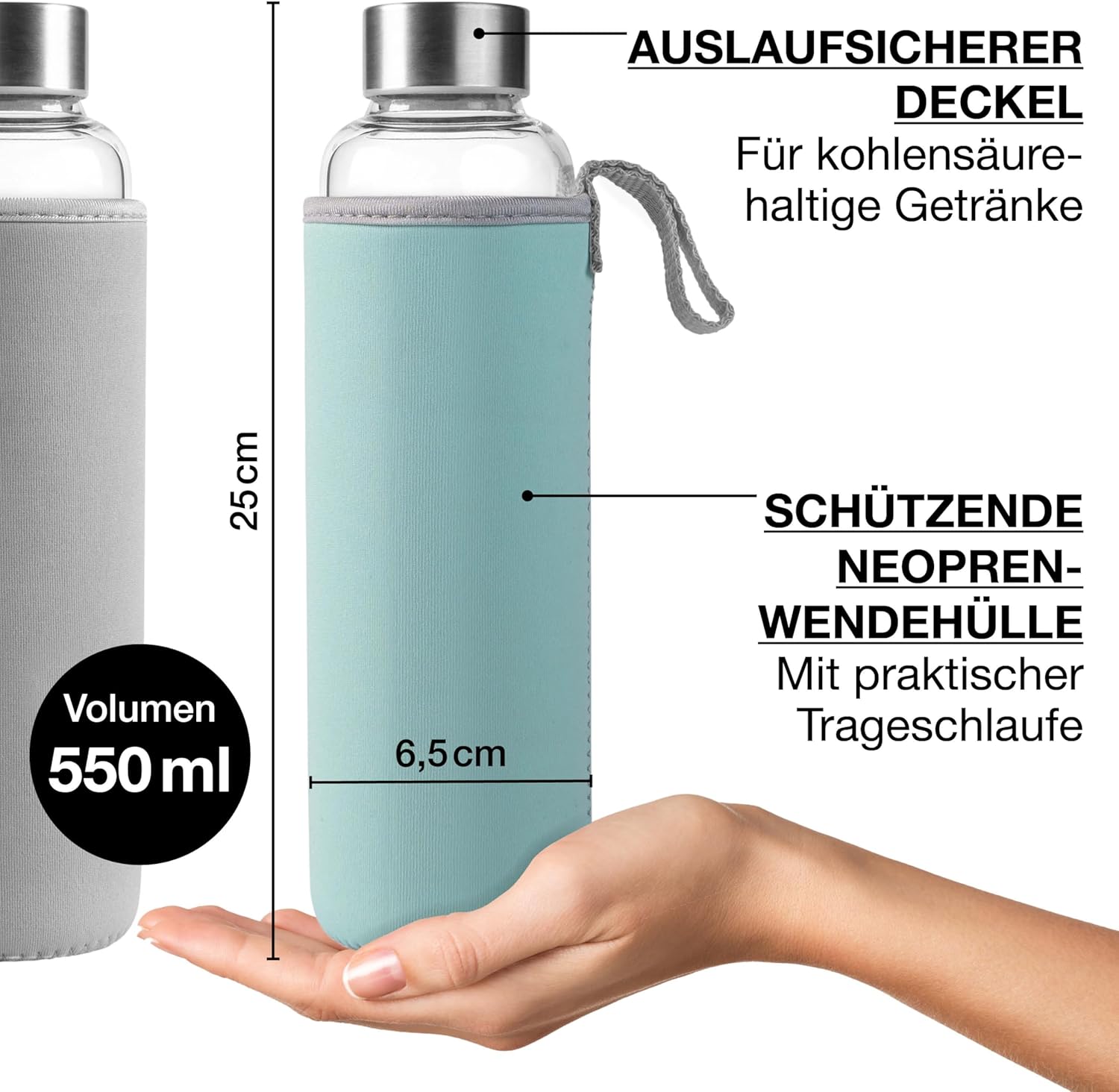 Trinkflasche Glas 500ml (Blau/Grau)