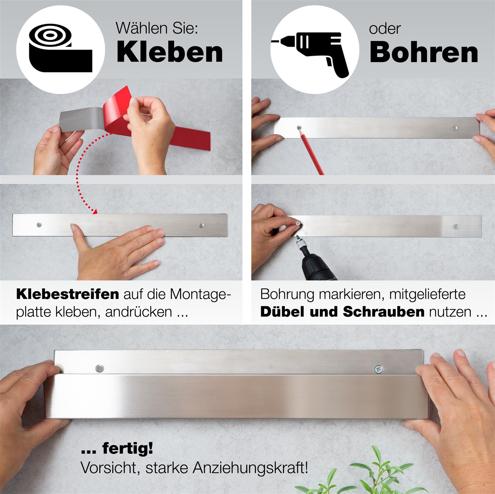 Küchenmesser, Magnetische Messerleiste aus Holz an Küchenwand montiert