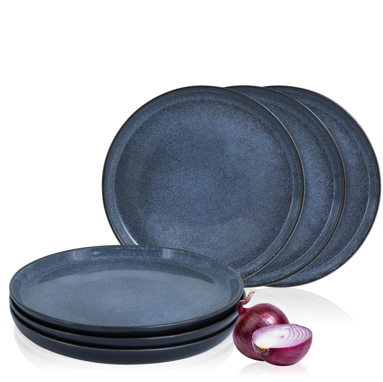 6-teiliges blaues Gourmet-Salatteller-Set aus Porzellan – Moritz & Moritz Geschirrset Sechs blaue, runde Gourmet-Salatteller aus Glas mit leicht gewelltem Rand, symmetrisch auf weißem Untergrund arrangiert, modernes Design, ideal für stilvolles Anrichten von Salaten – Moritz & Moritz Salatteller-Set 6-teilig.