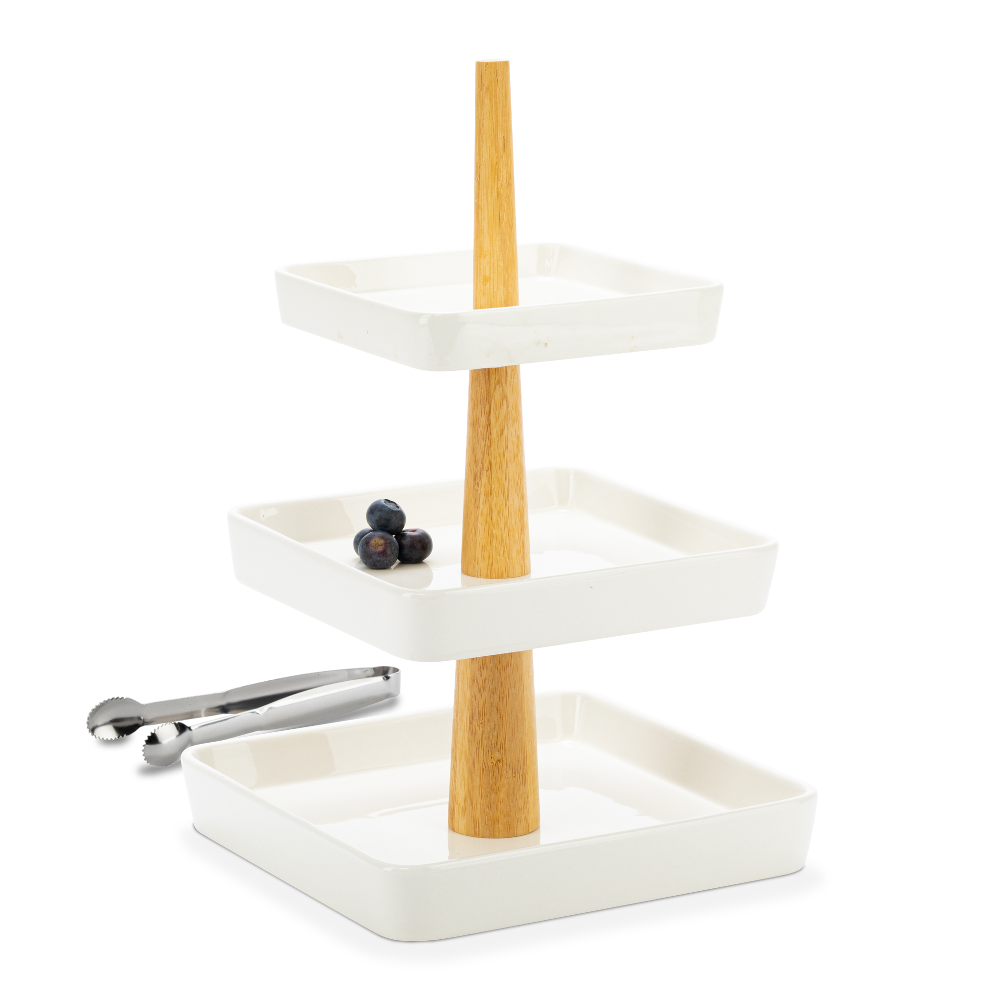 Etagere eckig 3 – Stufig mit Holz, einweg-Holzbesteck-Satz mit Gabeln, Messern und Löffeln