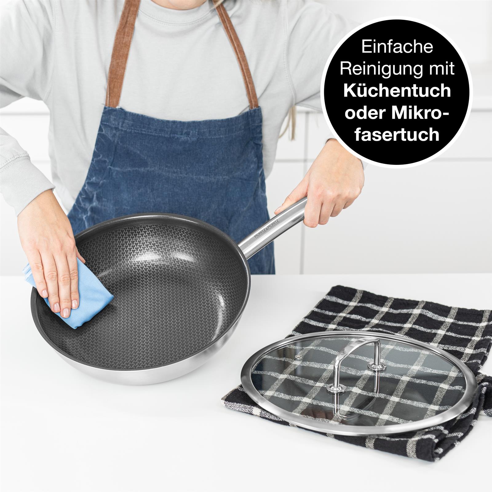 Hochwertige 28cm Bratpfanne mit passendem Deckel und rundem Rand, ideal für vielseitiges Kochen und einfaches Handling.