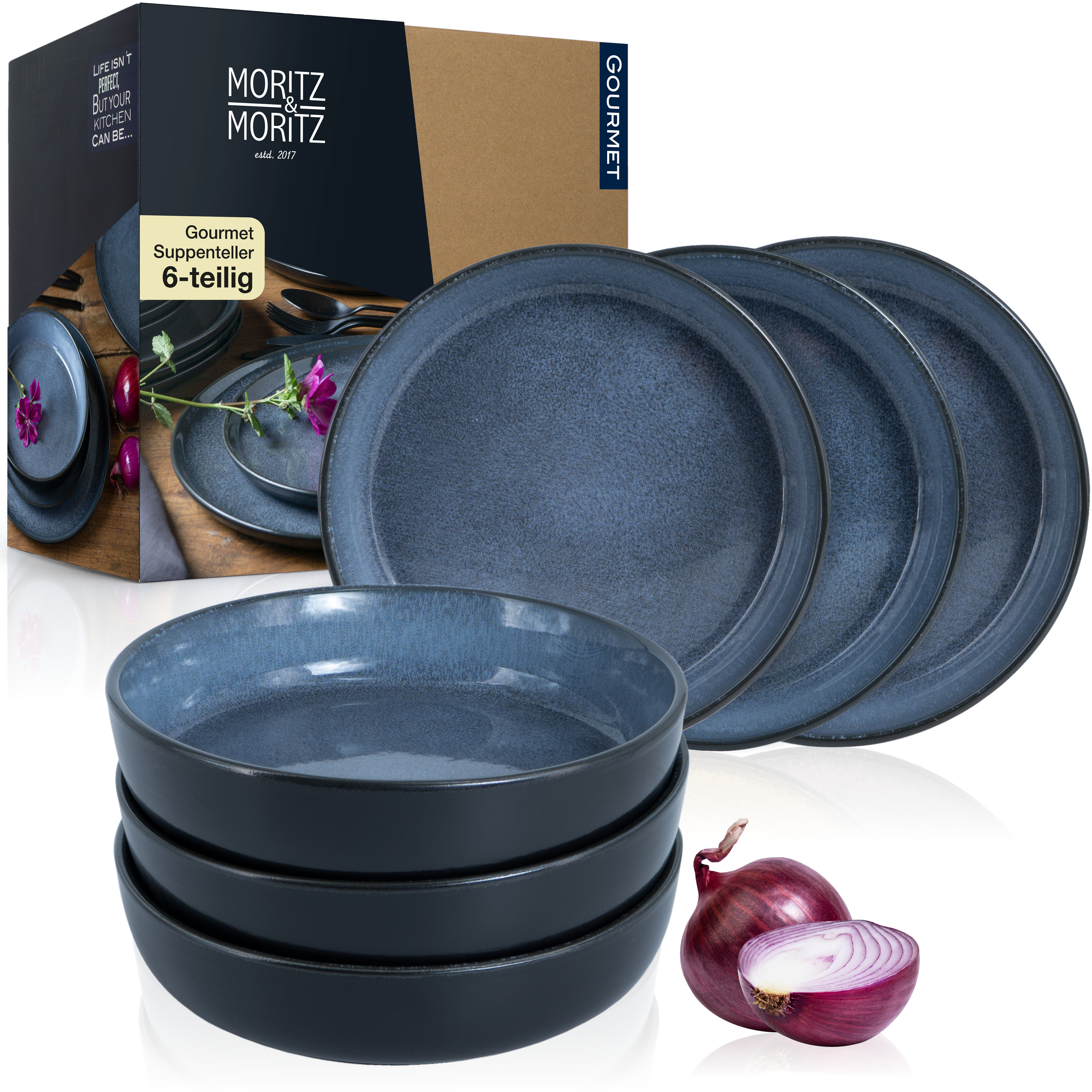 VIDA 6x Suppen Teller blau Geschirr Set, vor weißem Hintergrund