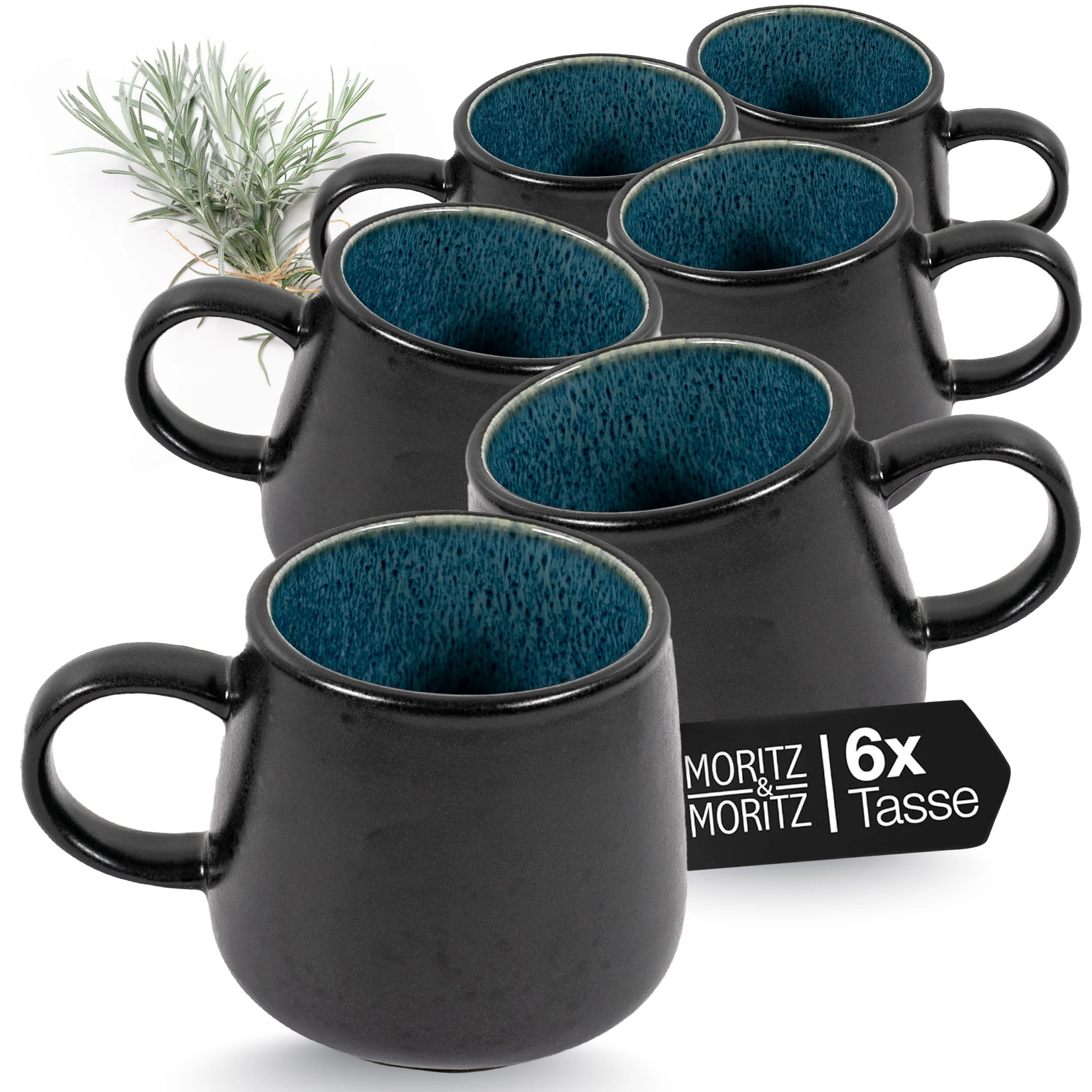 SOLID Kaffeebecher 6-teilig Blau, auf gedecktem Tisch bei Tageslicht