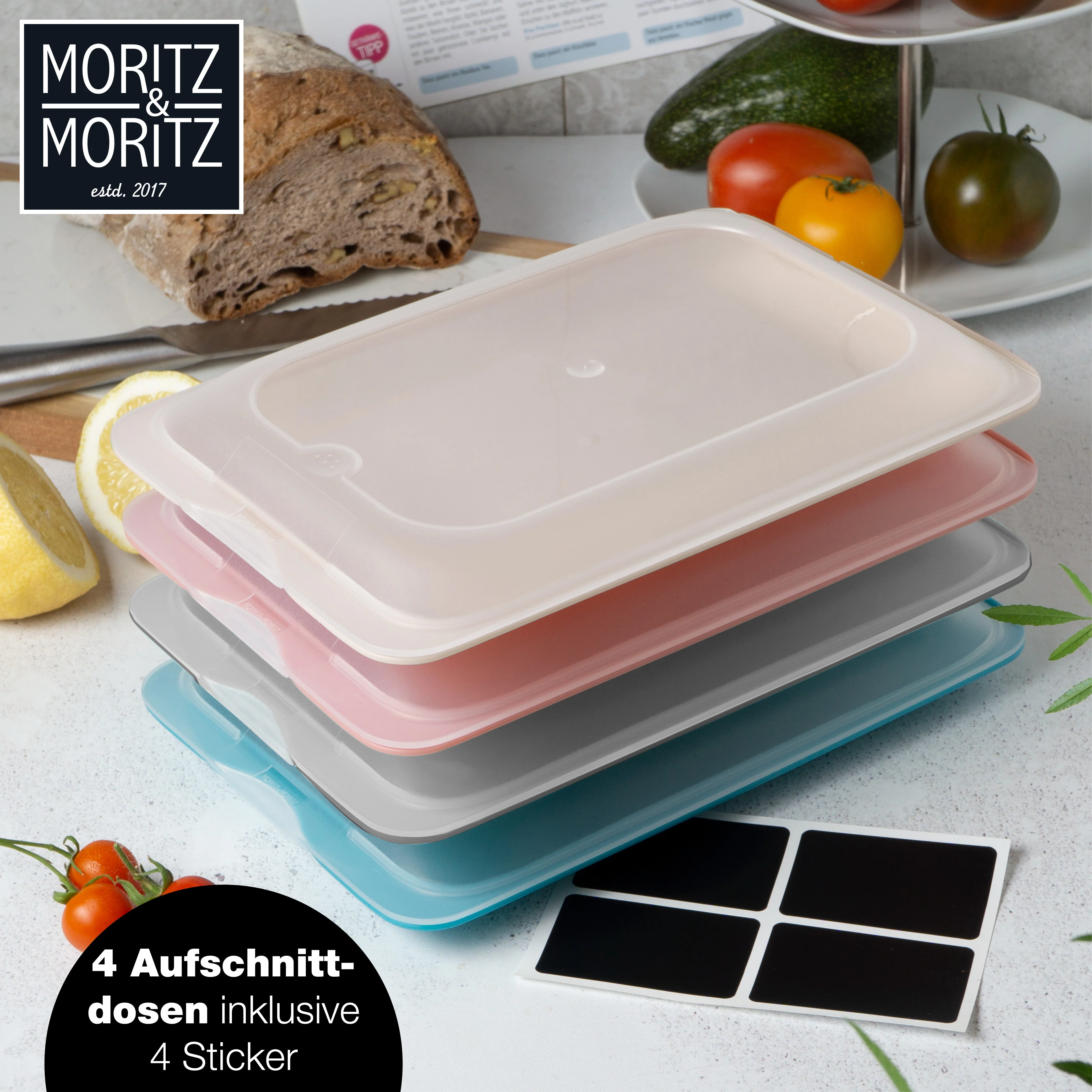 Aufschnittdosen bunt 4er Set, Einzelteile ausgelegt