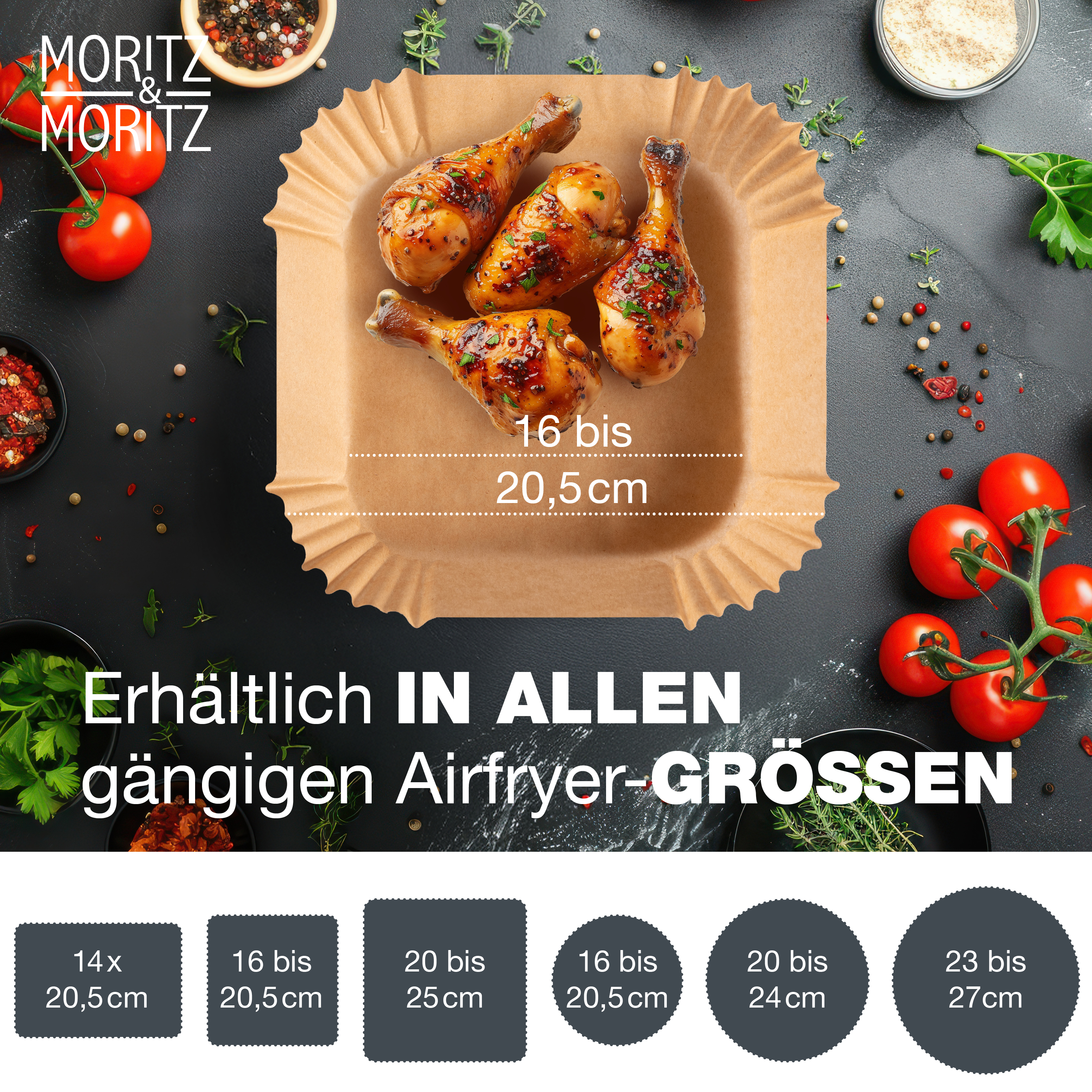 Airfryer Backpapier Eckig 16x16 cm (unten 16 cm, oben 20,5 cm)