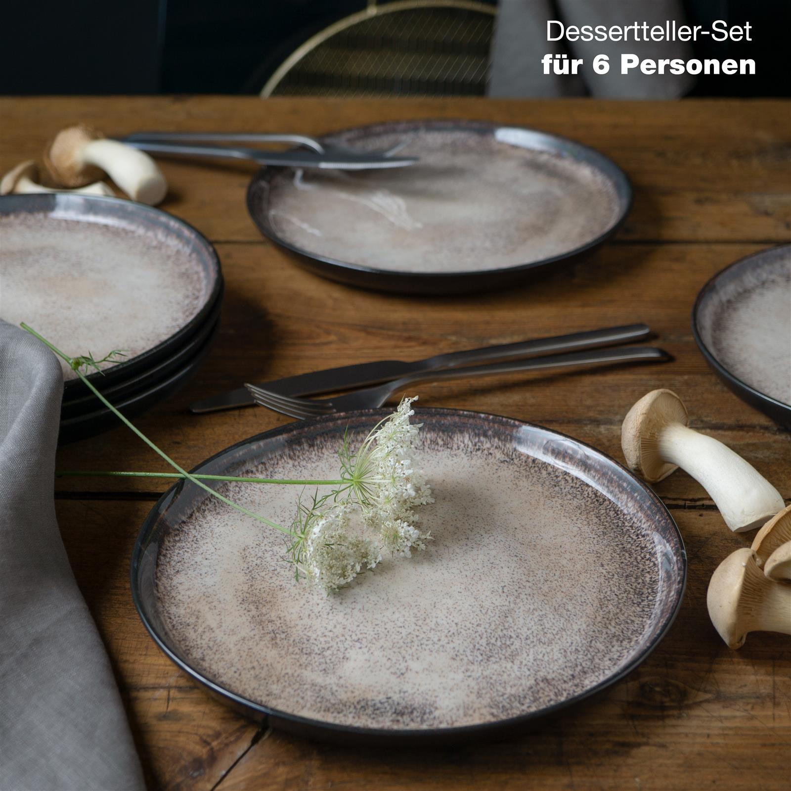 Tellerset in Beige, Sechs beigefarbene Salatteller aus Keramik mit feiner Rillenstruktur, 6-teilig, aus Porzellan