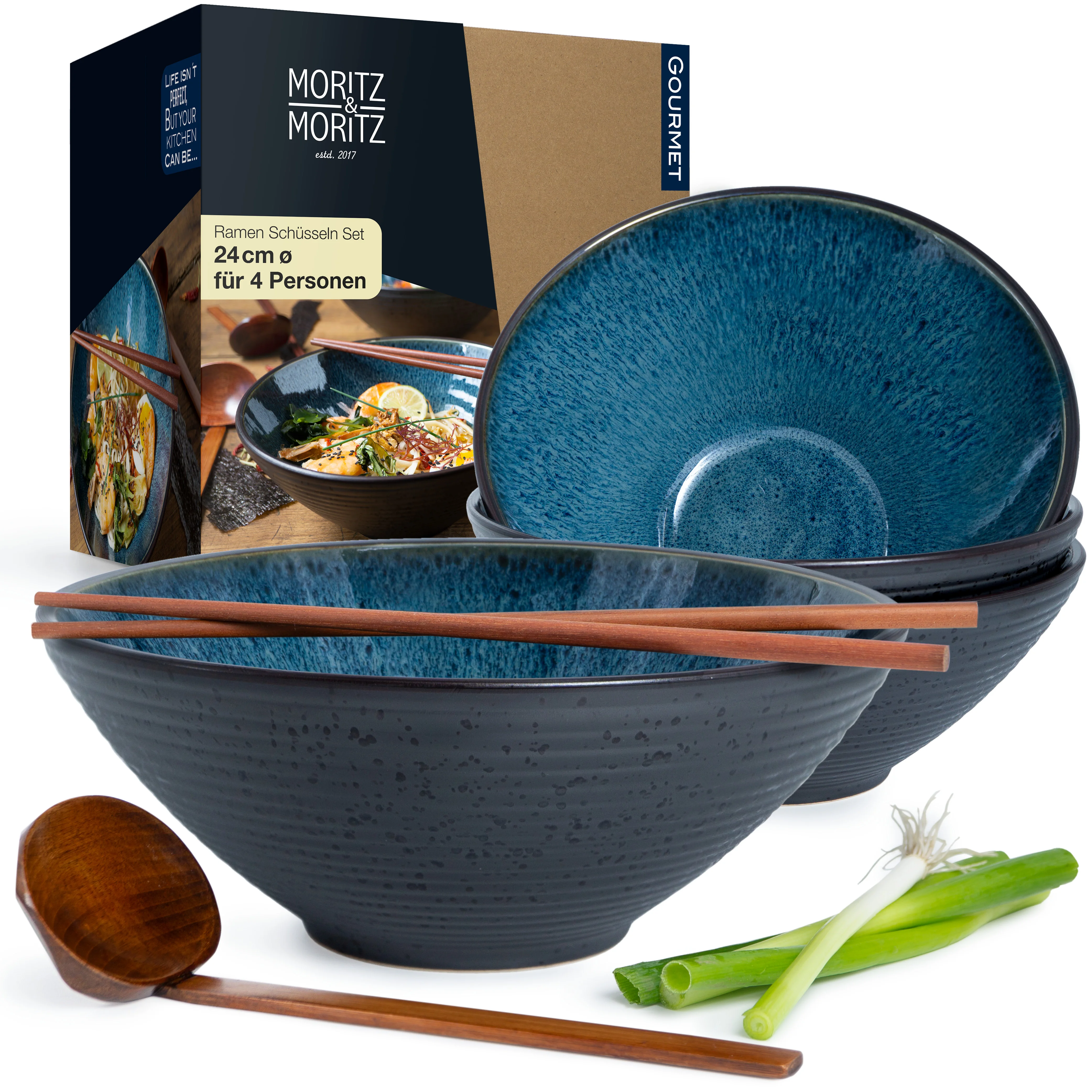 4x Ramen Schalen blau mit Rillen 4x Ramen Schalen blau mit Rillen