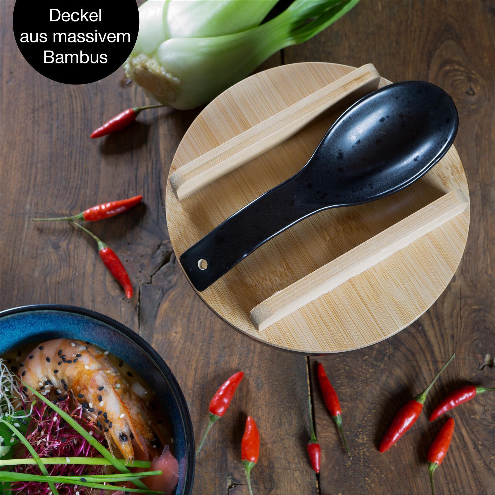 Ramenschale in Blau, Blauer Gourmet-Ramen-Deckel im 2er-Set, mit angerichteter Speise