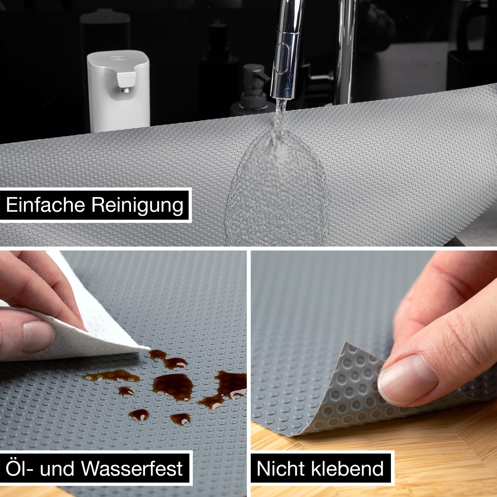 Graue Schubladenmatte im 4er-Set aus Kunststoff, leicht strukturiert, rutschfest und zuschneidbar