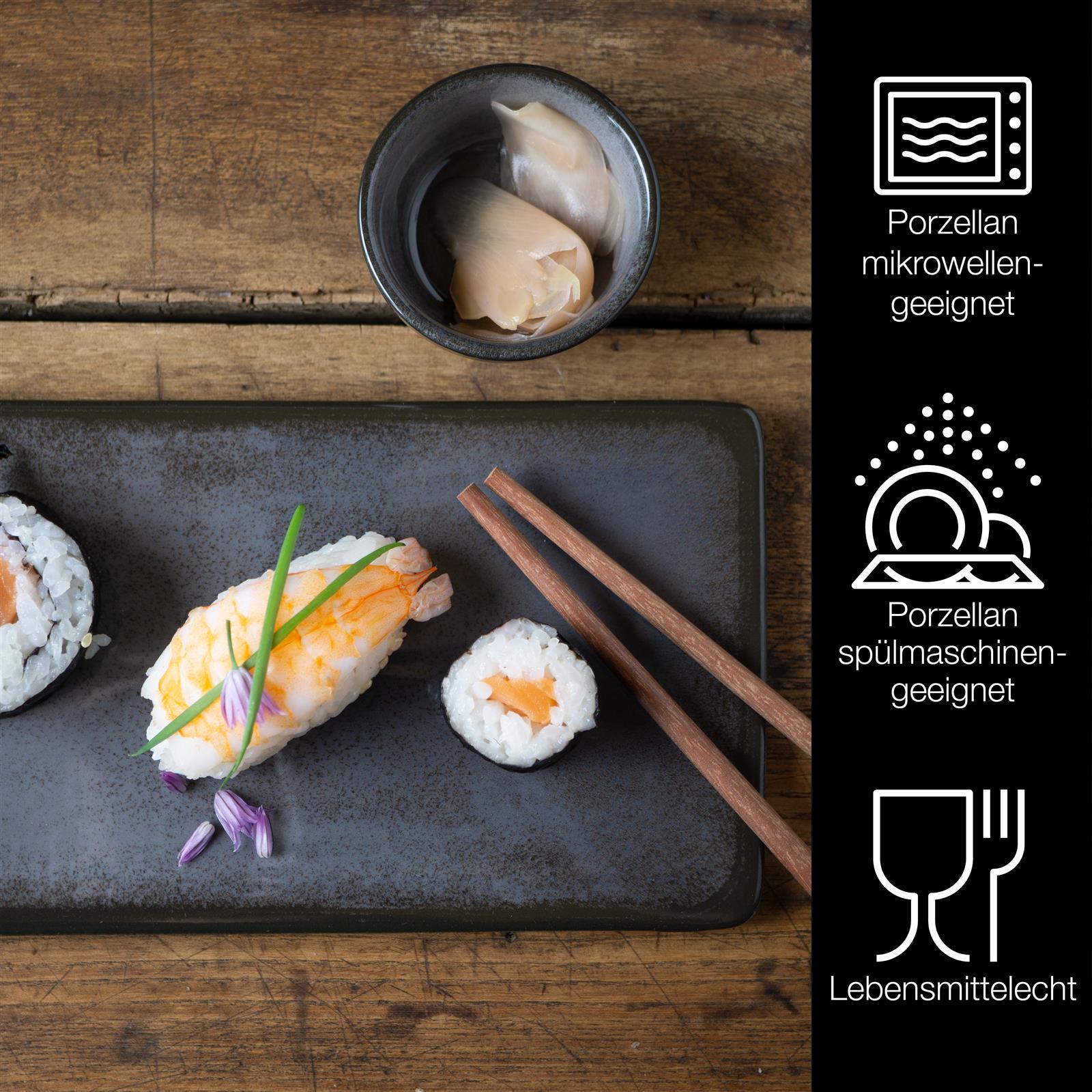 10-teiliges Sushi-Set in eleganter grauer Farbe, bestehend aus Tellern, Sojaschalen, Stäbchen und einem stilvollen Tablett für eine authentische Sushi-Präsentation. Perfekt für Sushi-Liebhaber und dekorative Tischgedecke.