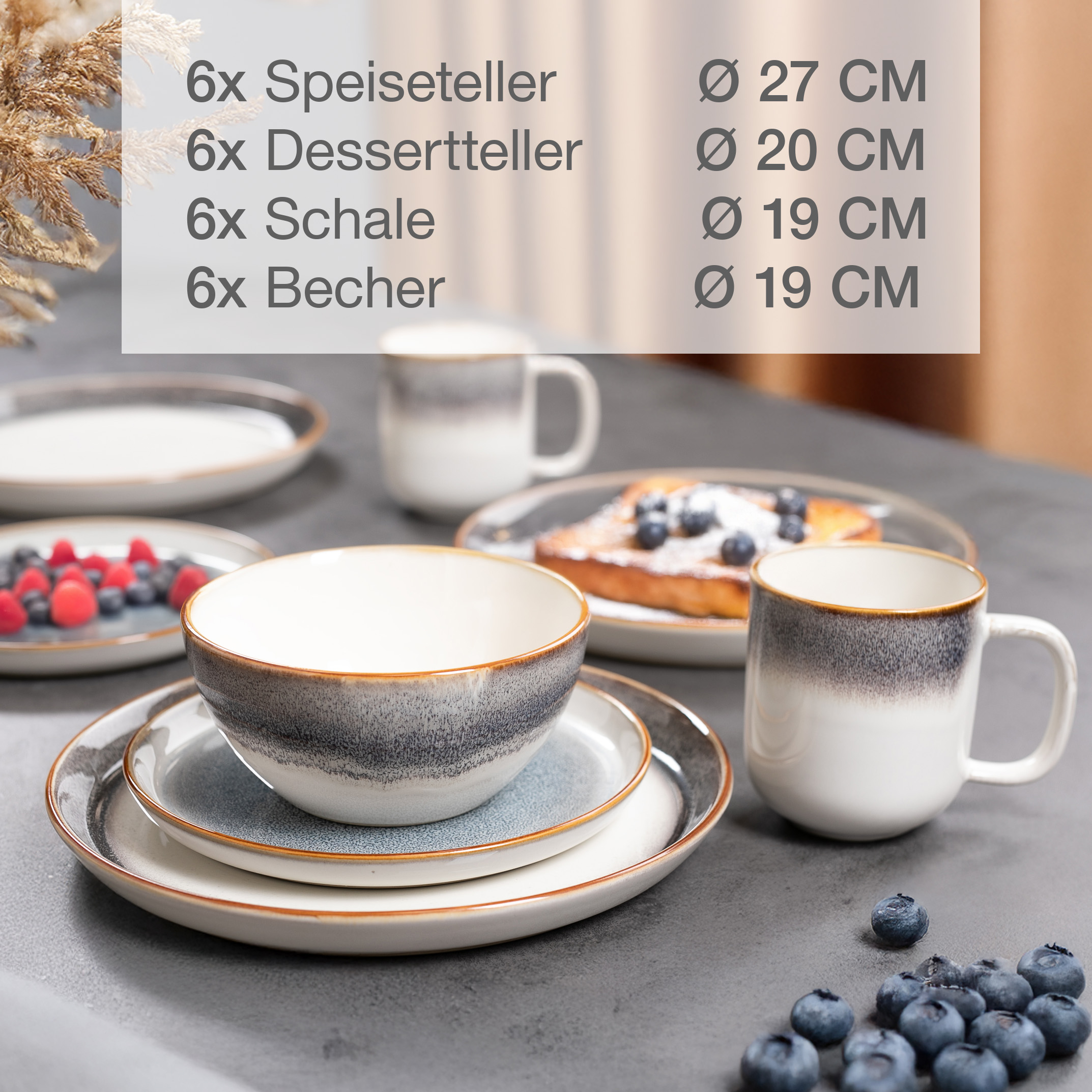 Geschirrset TARENTO aus Steingut, 24-teilig für 6 Personen, mit Tellern und Tassen