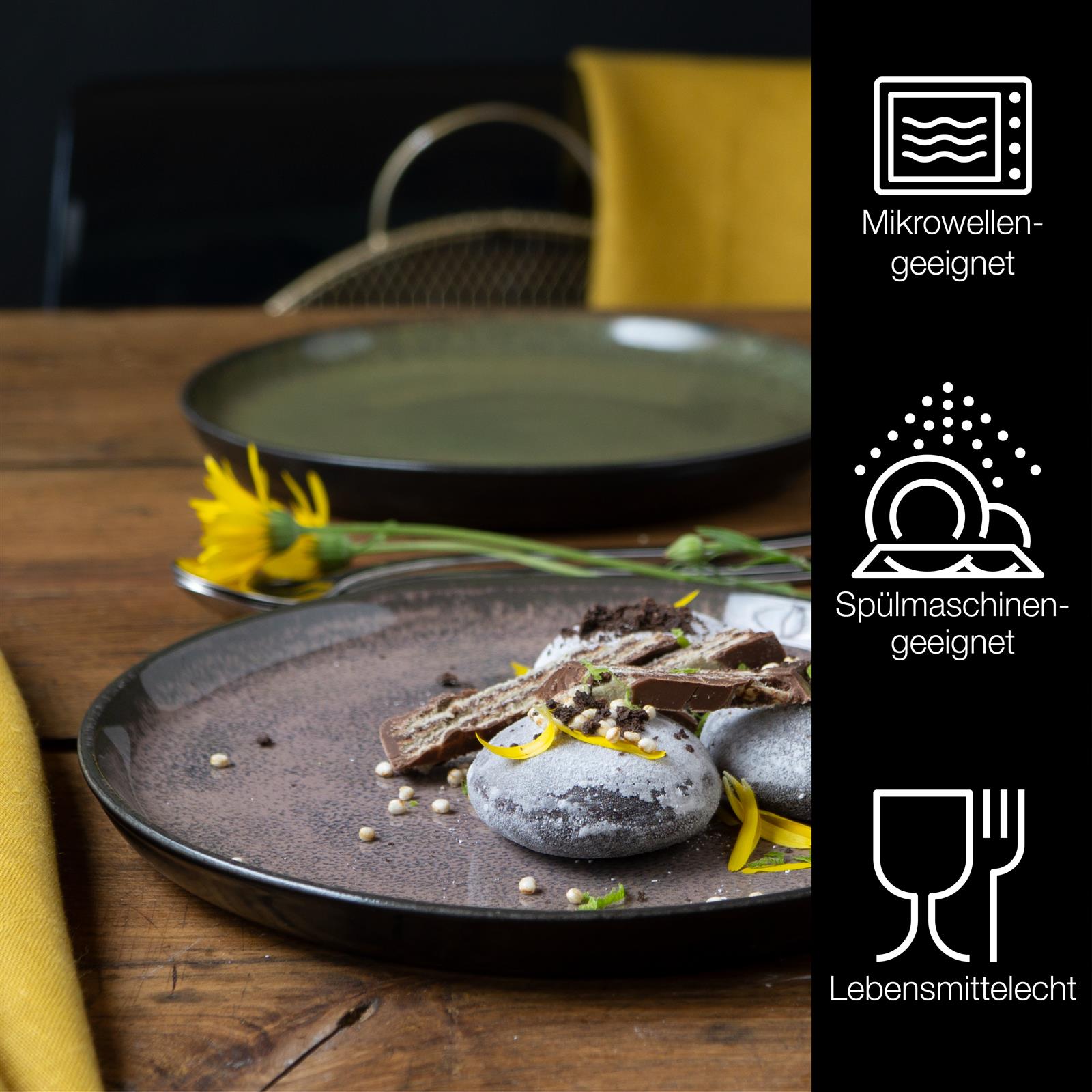 Tellerset in Vintage, Sechs runde, flache Salatteller im Vintage-Stil, aus cremefarbenem Keramik mit floralem