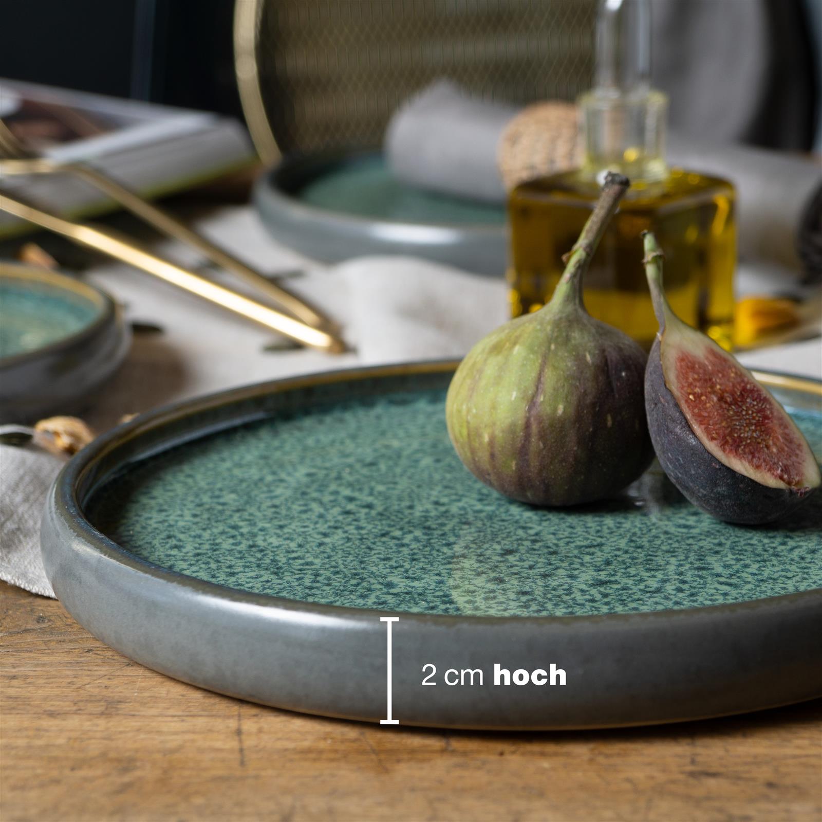 Gourmet Dessert Teller Set, 4-teilig, reaktiv in Grün, Geschirrset aus Keramik für gehobene Präsentationen