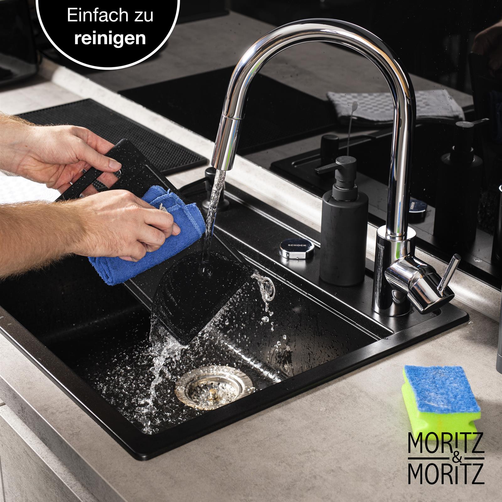 Schwarzes Schneidebrett-Set aus Granit, 2-teilig, mit integrierter Saftrille