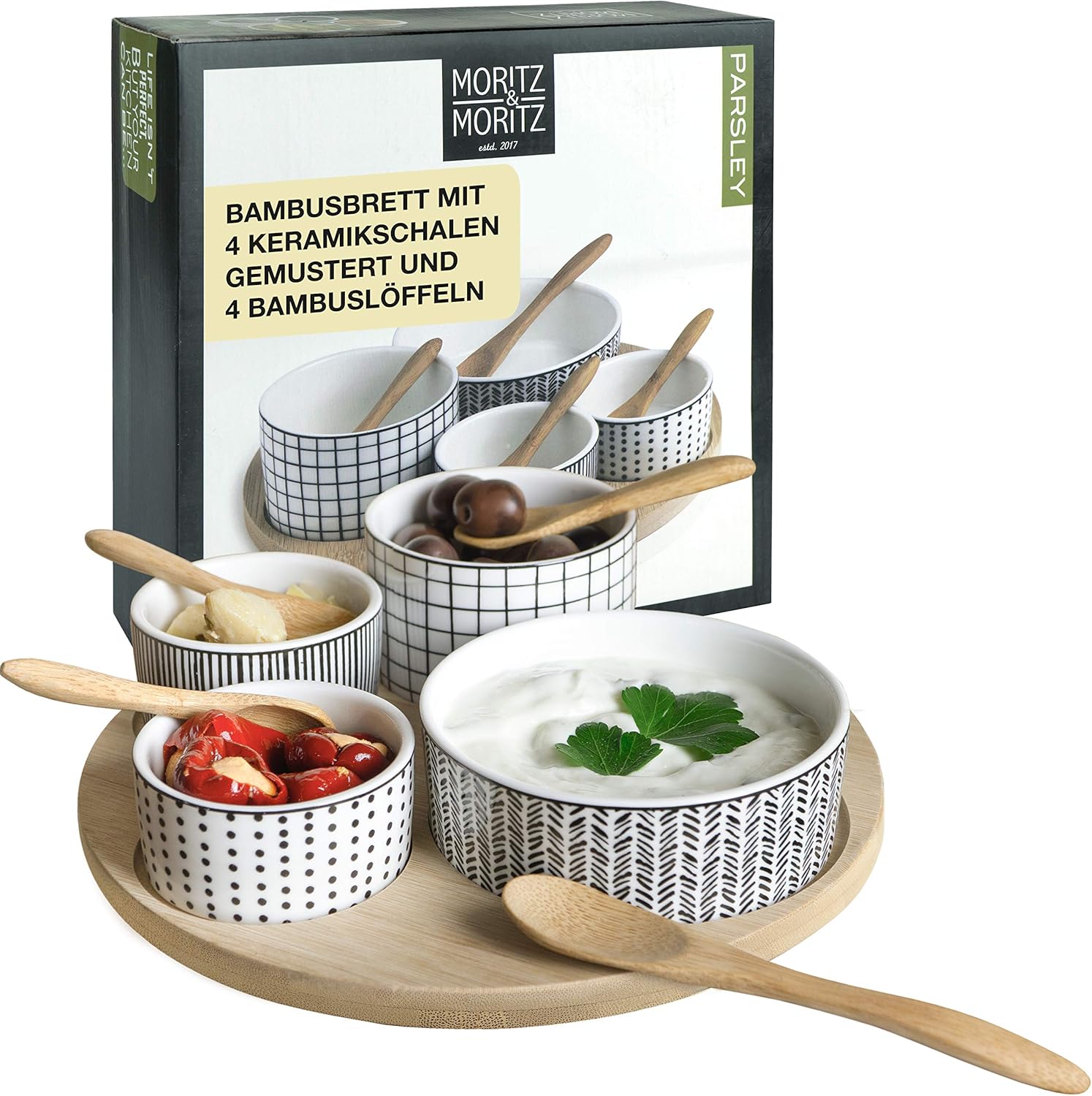 Servierset Parsley – Bambus Brettchen rund mit 4 gemusterten Schalen rund, vor weißem Hintergrund