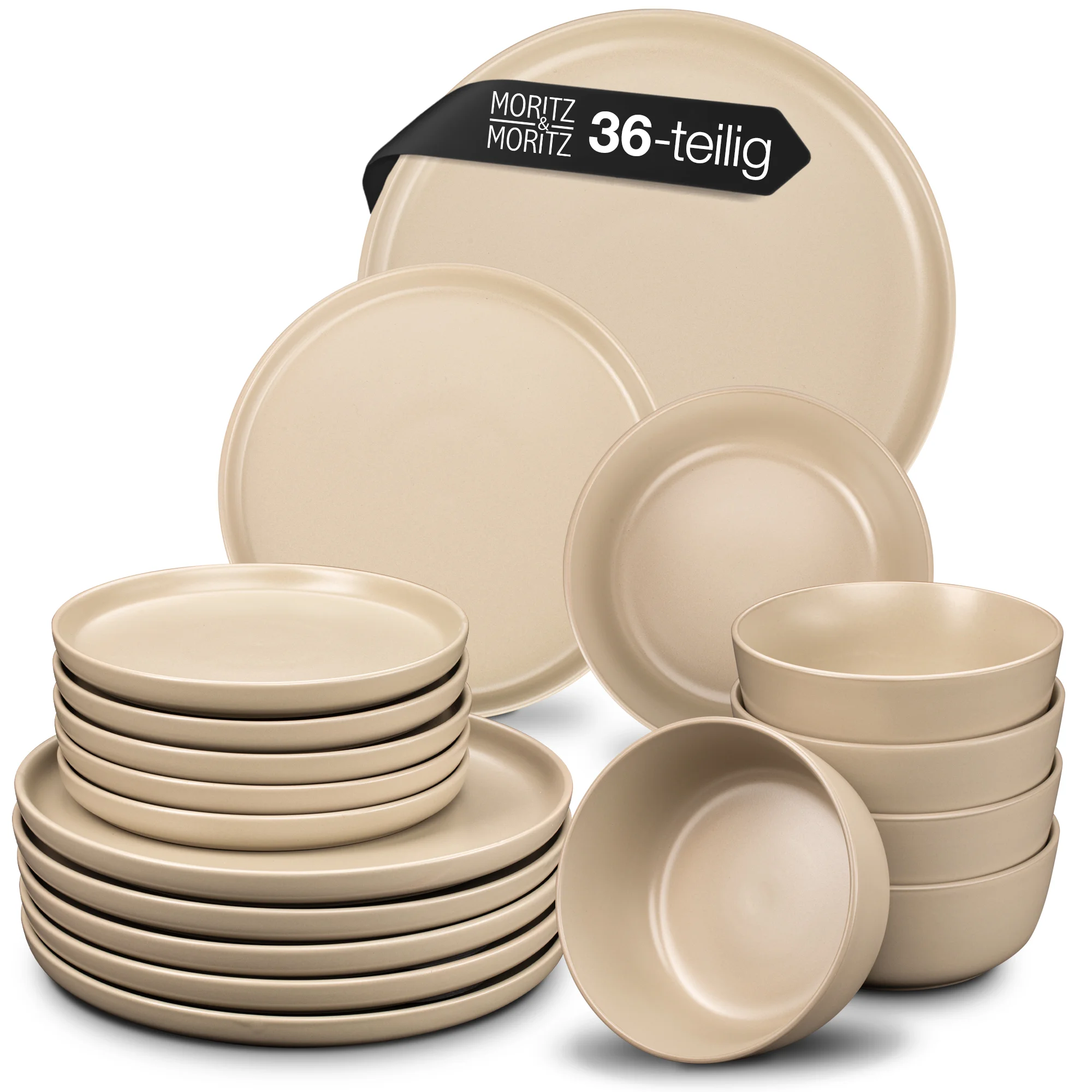 NORDIC 36-teilig Tafel – Service Geschirr Set Taupe, vor weißem Hintergrund