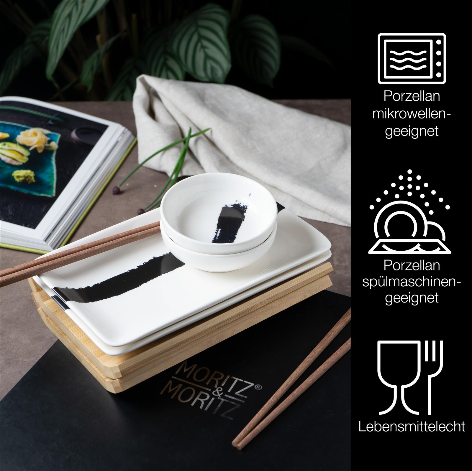 6-teiliges Gourmet-Sushi-Set mit Pinselstrich-Schwarz-Design, bestehend aus Sushi-Tellern, Sojaschälchen und Essstäbchen