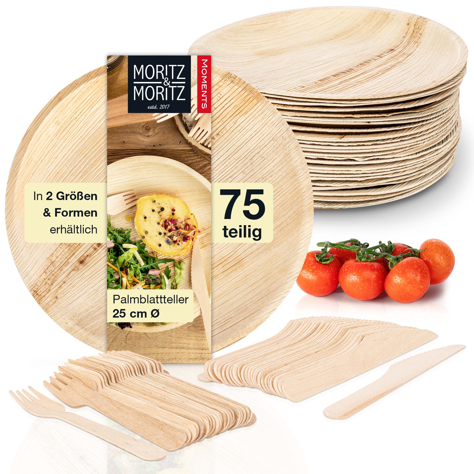 Palmblatt Geschirr 75-teilig. rund – Ø 25 cm mit Holzbesteck, rundes Palmblatt-Teller-Set, 75-teilig, Durchmesser 25 cm