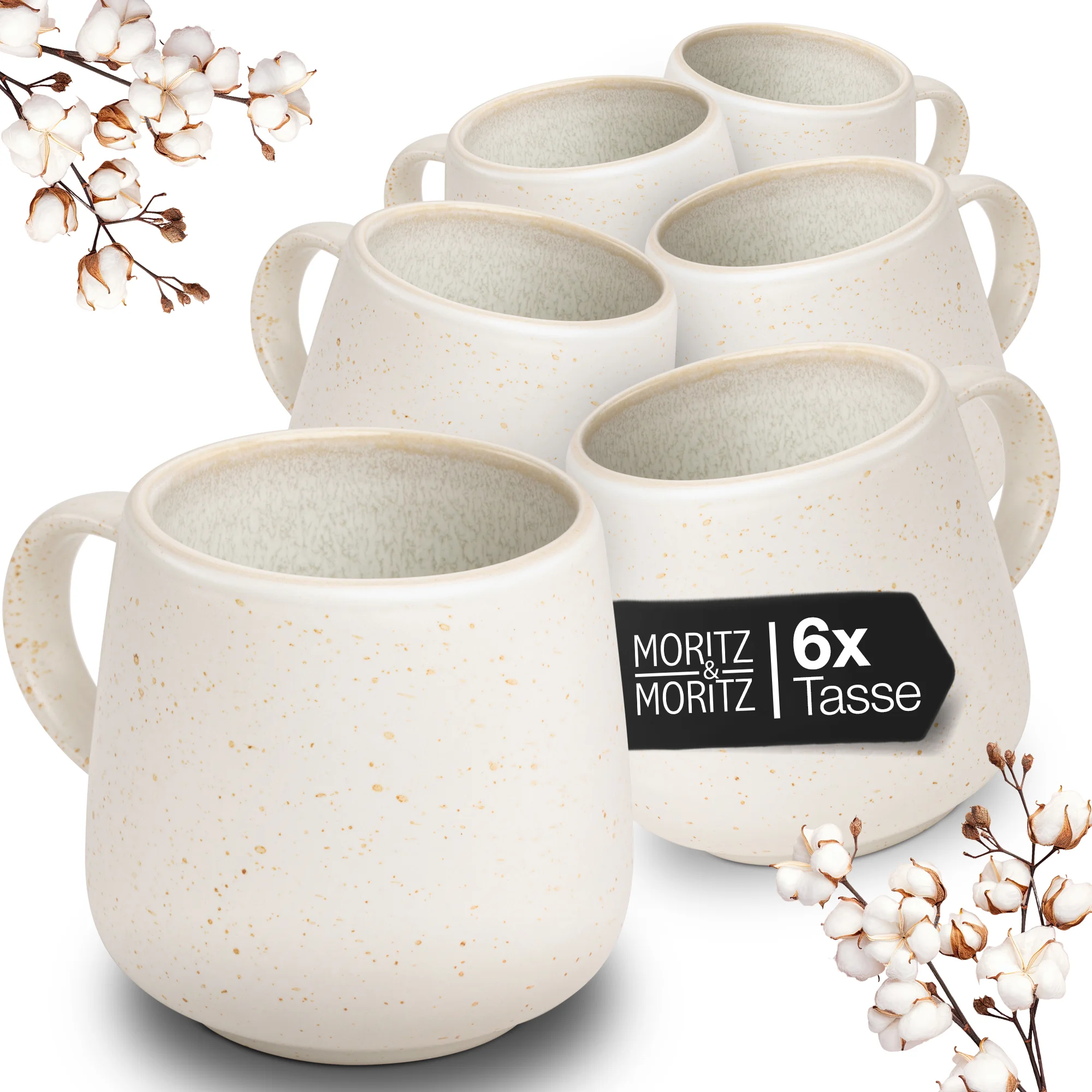 SOLID UNI Kaffee Tassen Set 6-teilig Creme, zwei schwarze, stapelbare Edelstahl-Schalen mit Rillen-Design, in seitlicher