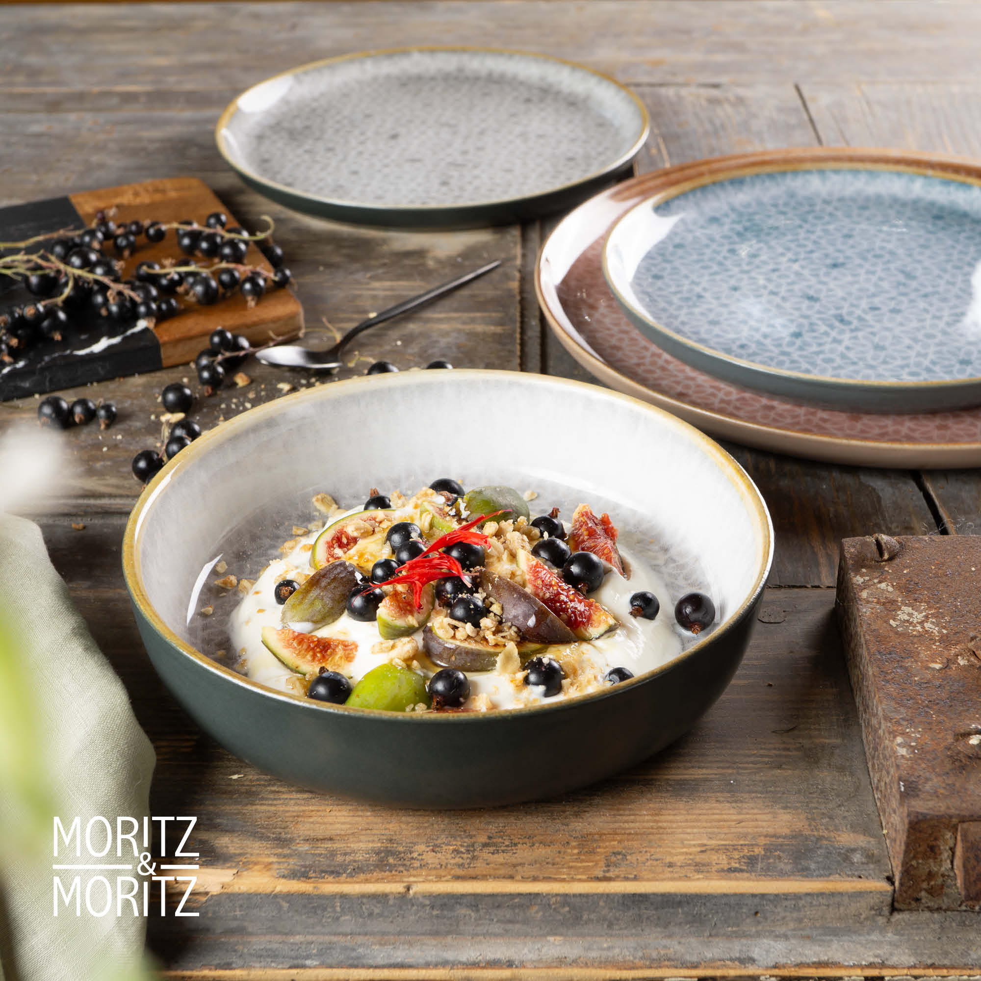 Sechsteiliges Set grauer Suppenteller mit mediterranem Design, 6-teilig