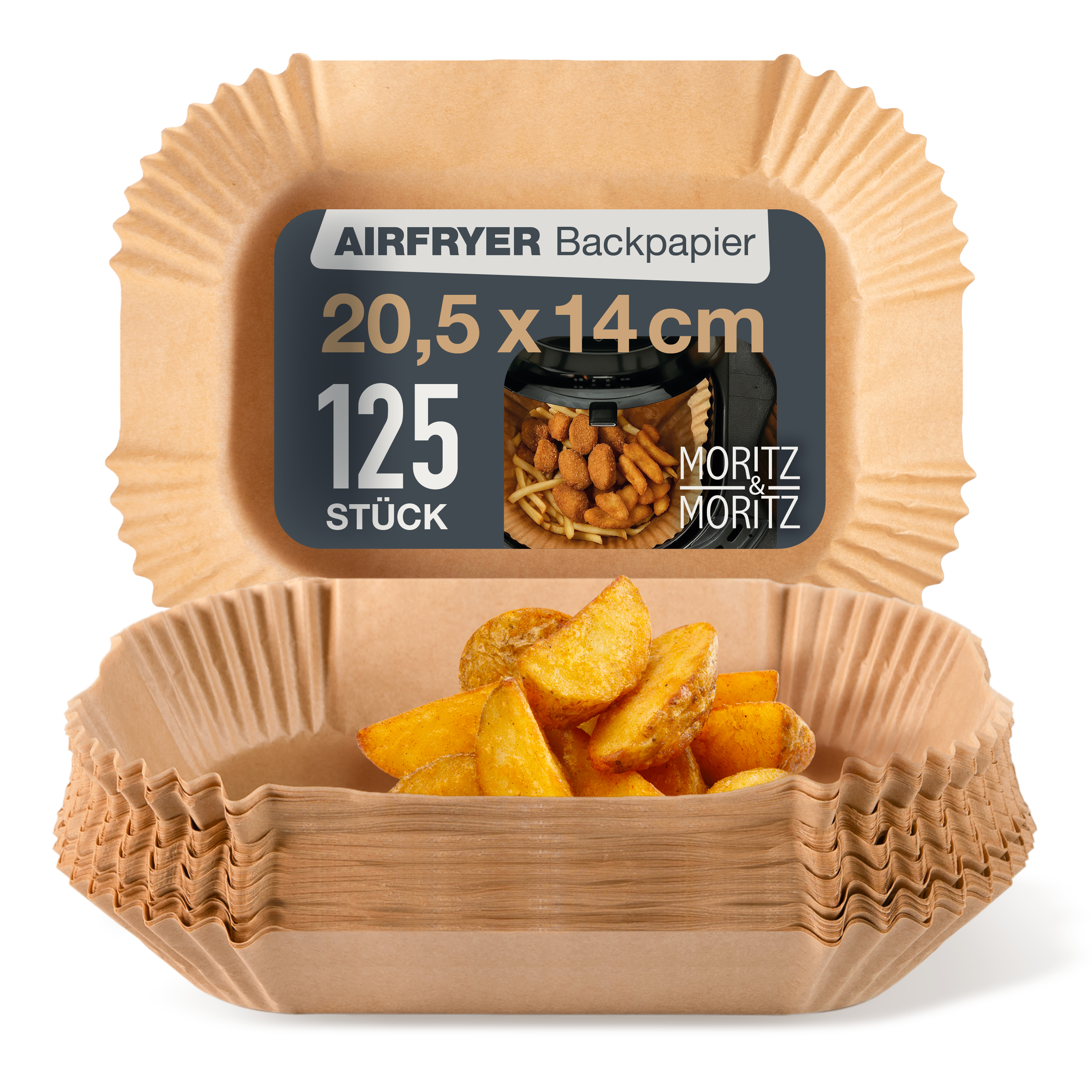 Airfryer Backpapier Rechteckig 20,5x14 cm, vor weißem Hintergrund