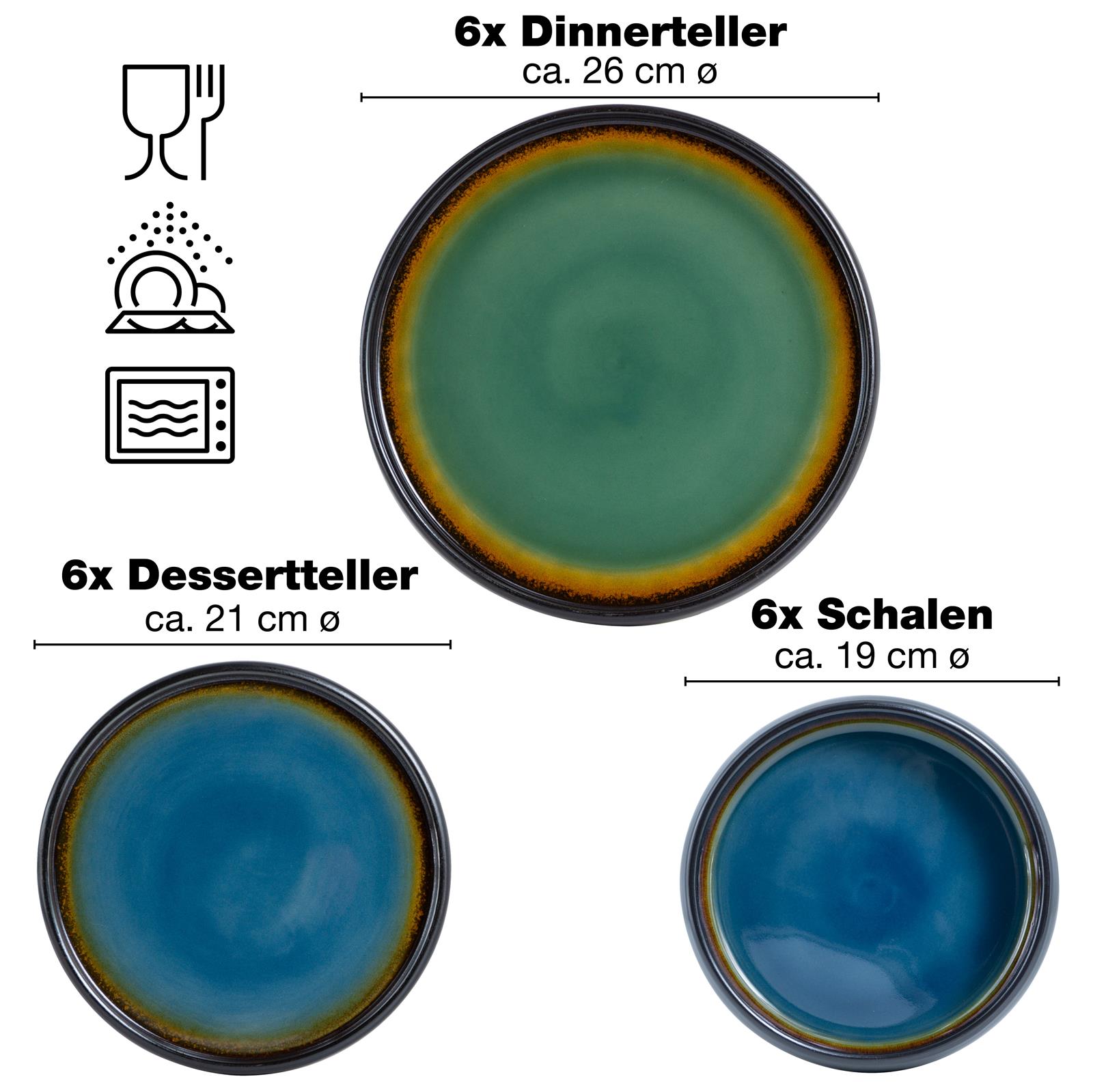 6-teiliges Geschirrset für 6 Personen in Design, bestehend aus flachen Tellern, 24-teilig, aus Keramik