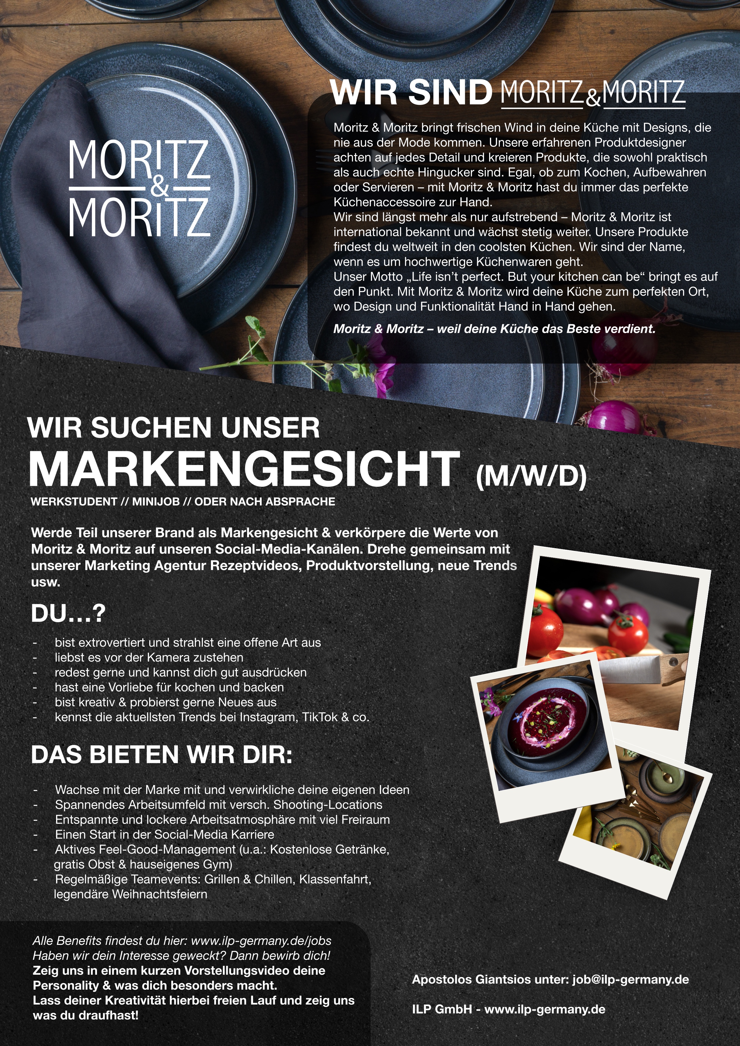 Moritz und Moritz Markengesicht Wettbewerb: Werde das neue Gesicht der Marke Junge Frau mit langen braunen Haaren und neutralem Gesichtsausdruck steht vor beigem Hintergrund; sie trägt ein schwarzes T-Shirt mit dem weißen Schriftzug „Moritz & Moritz“.