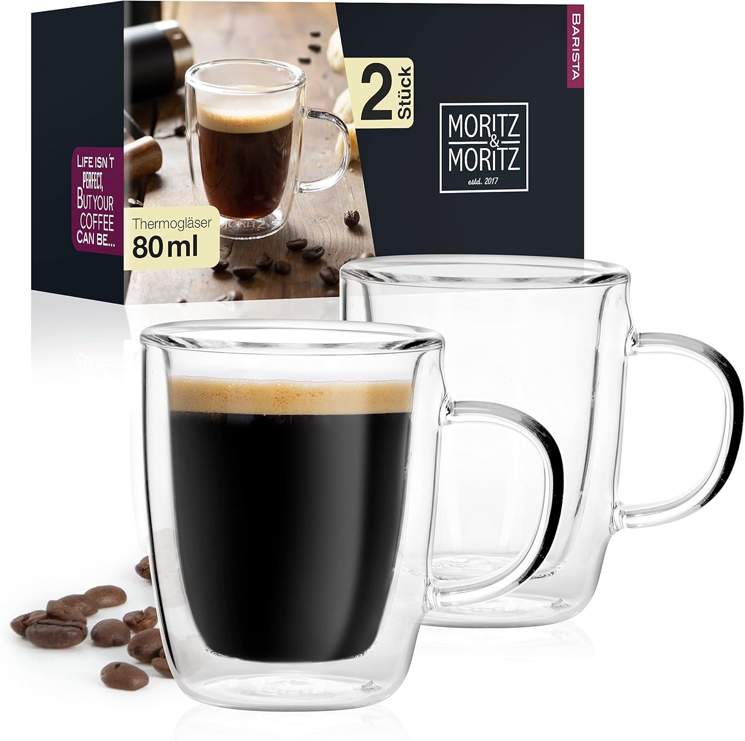 Doppelwandige Espressogläser mit Henkel 2x80ml, vor weißem Hintergrund