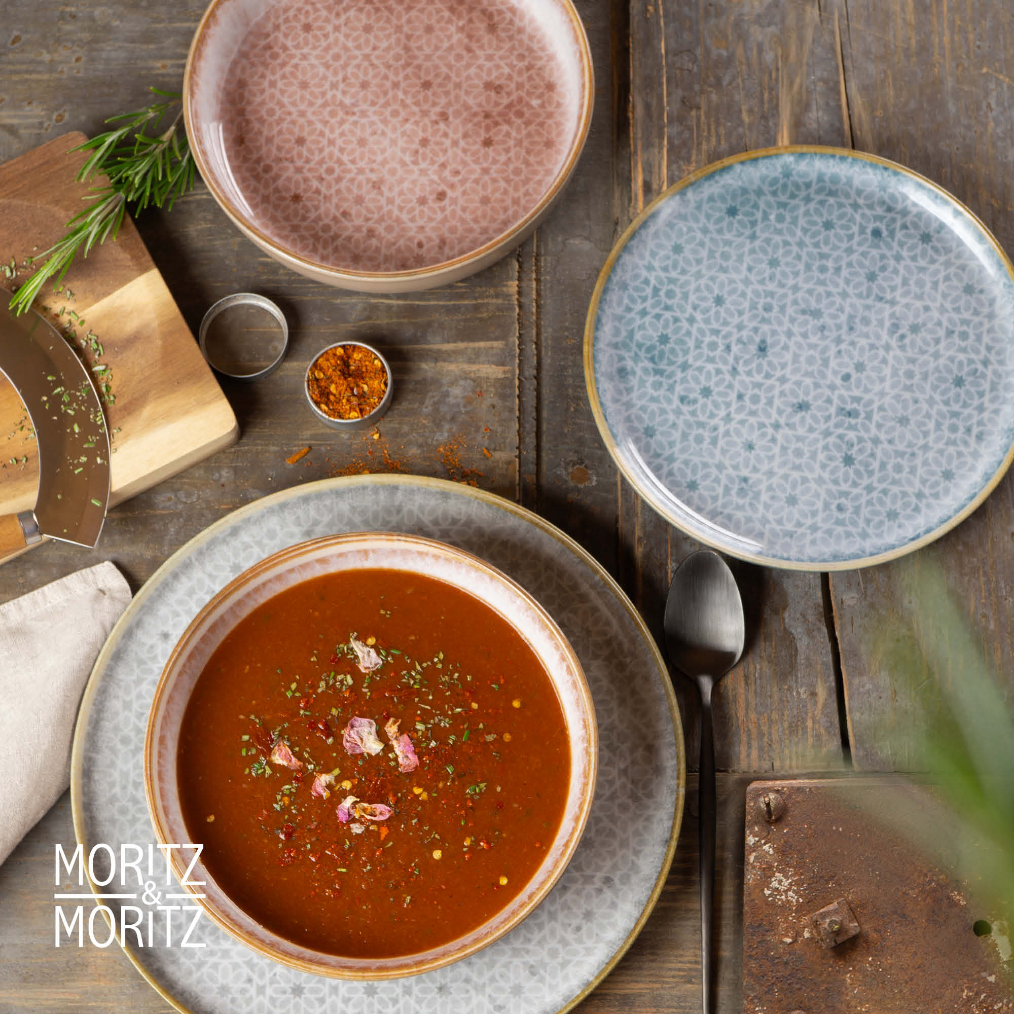 6-teiliges Set mediterrane rosa Suppenteller mit dekorativem Design