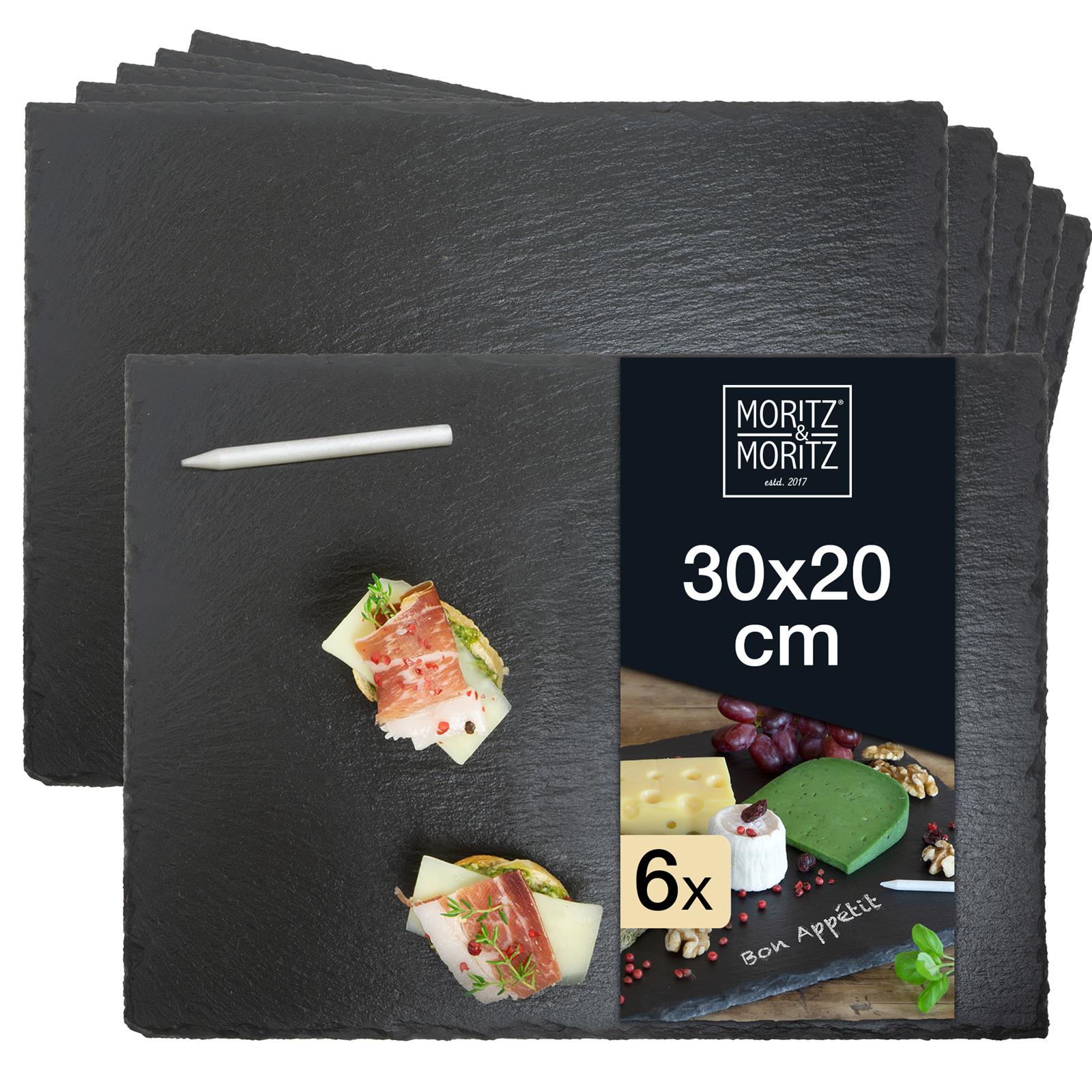 6x Schieferplatten 30 x 20 cm inkl. Kreide, einem rechteckigen Schiefer-Basil-Servierbrett, auf einer weißen Oberfläche