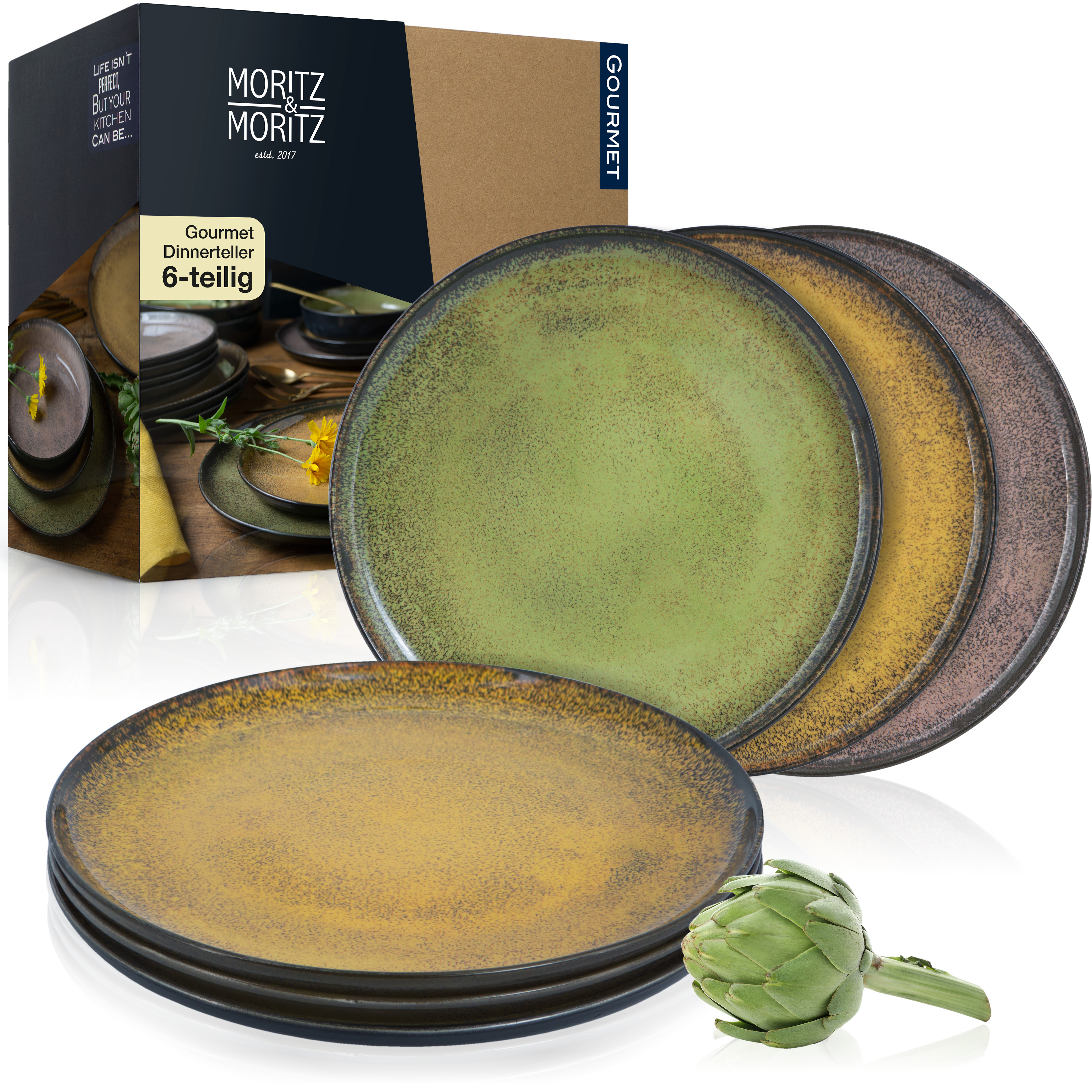 VIDA 6x Dinner Teller vintage Geschirr Set, vor weißem Hintergrund
