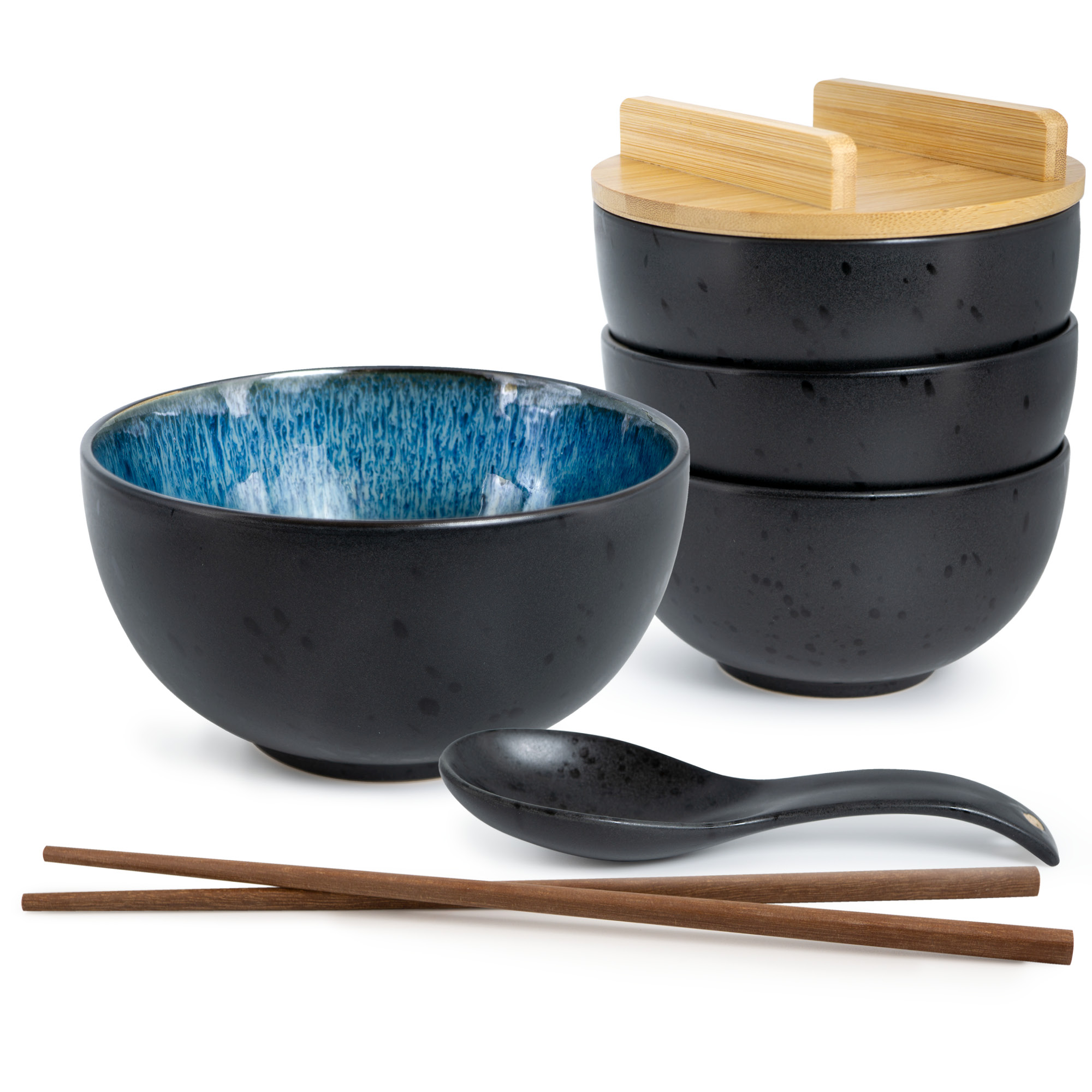 SOLID 4x Ramen Schalen blau Reaktiv inkl. Deckel und Löffel, 4er Set blaue Gourmet Ramen-Schalen mit Deckeln auf weißem