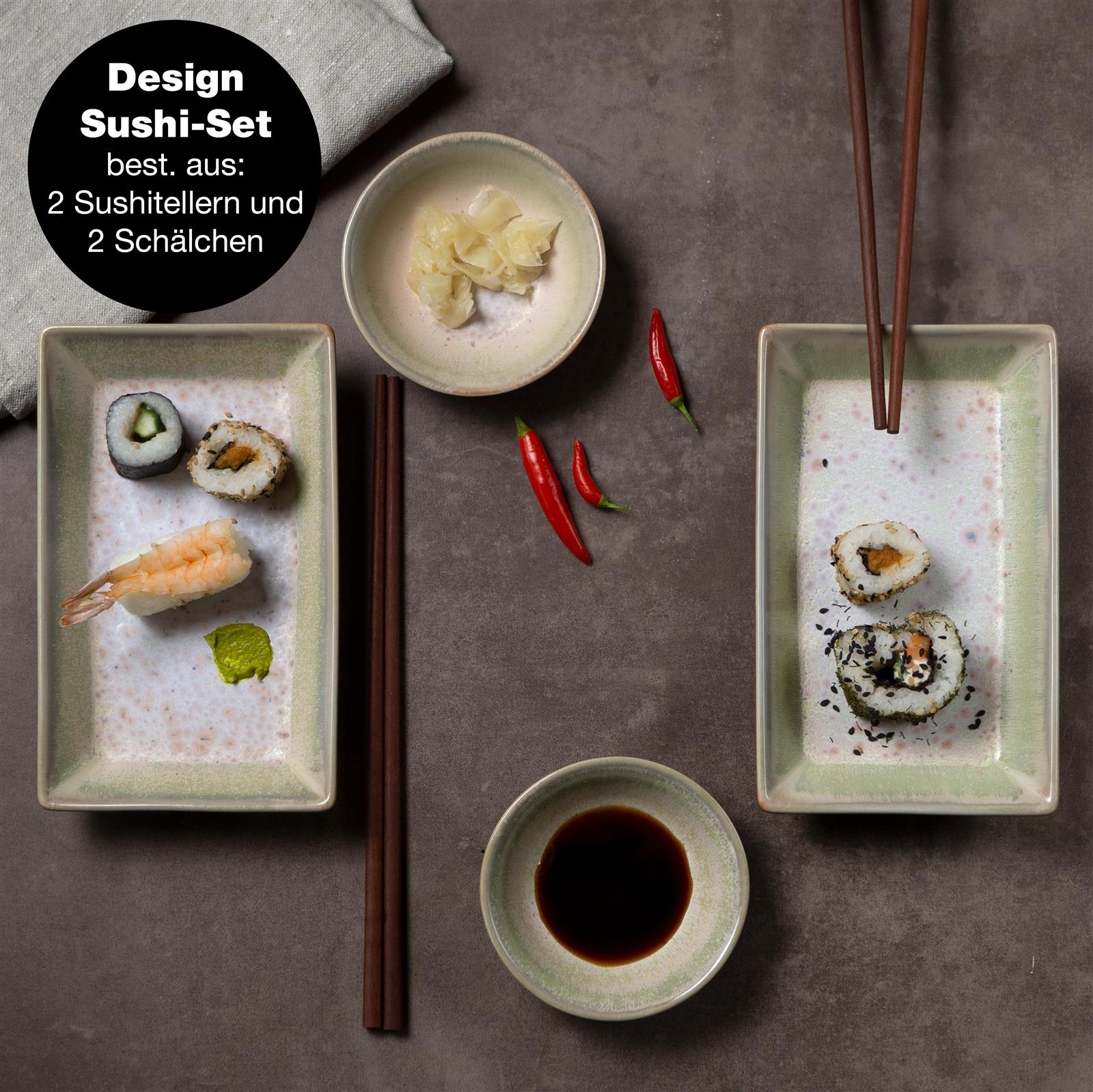 Gourmet Sushi auf beige-lila Teller, detailreiche Darstellung von frischen Sushistücken mit variierenden Toppings in einem eleganten Arrangement.