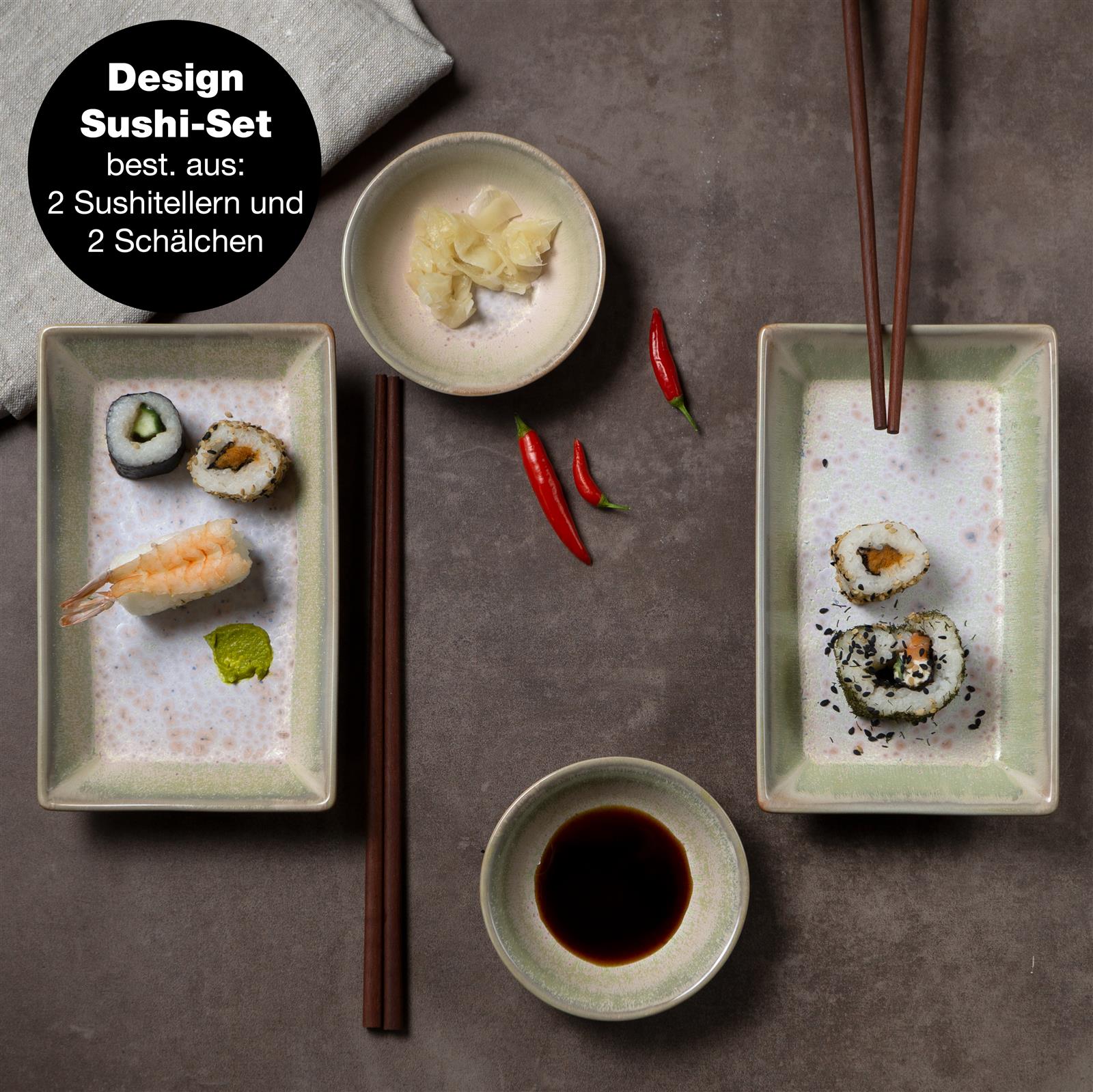 Sushi-Geschirr in Beige, Gourmet Sushi auf beige-lila Teller