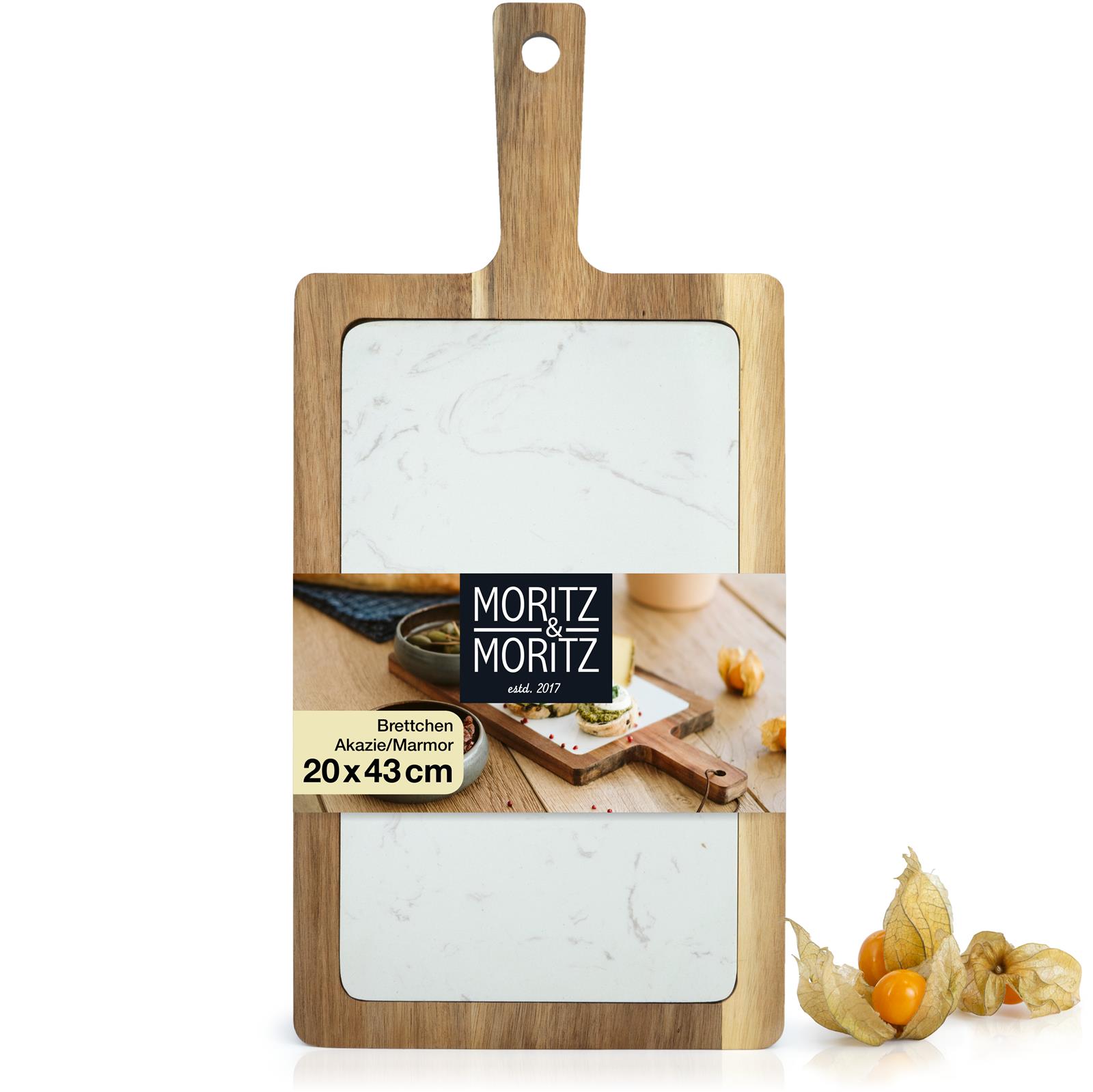 Servierbrett aus Akazie und Marmor weiß mit Kordel – 43 x 20 x 1,8 cm, weißes Holzbrett, rechteckig, Maße 43x20x1.8 cm