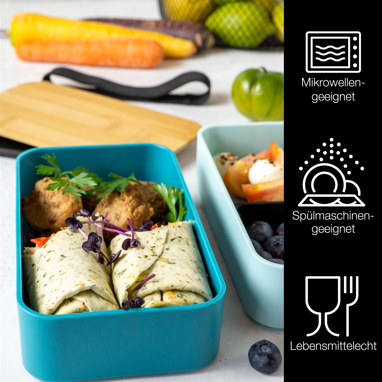 Bento-Box in Blau mit Fächern für verschiedene Arten von Speisen, Design und Nutzung für den Alltag