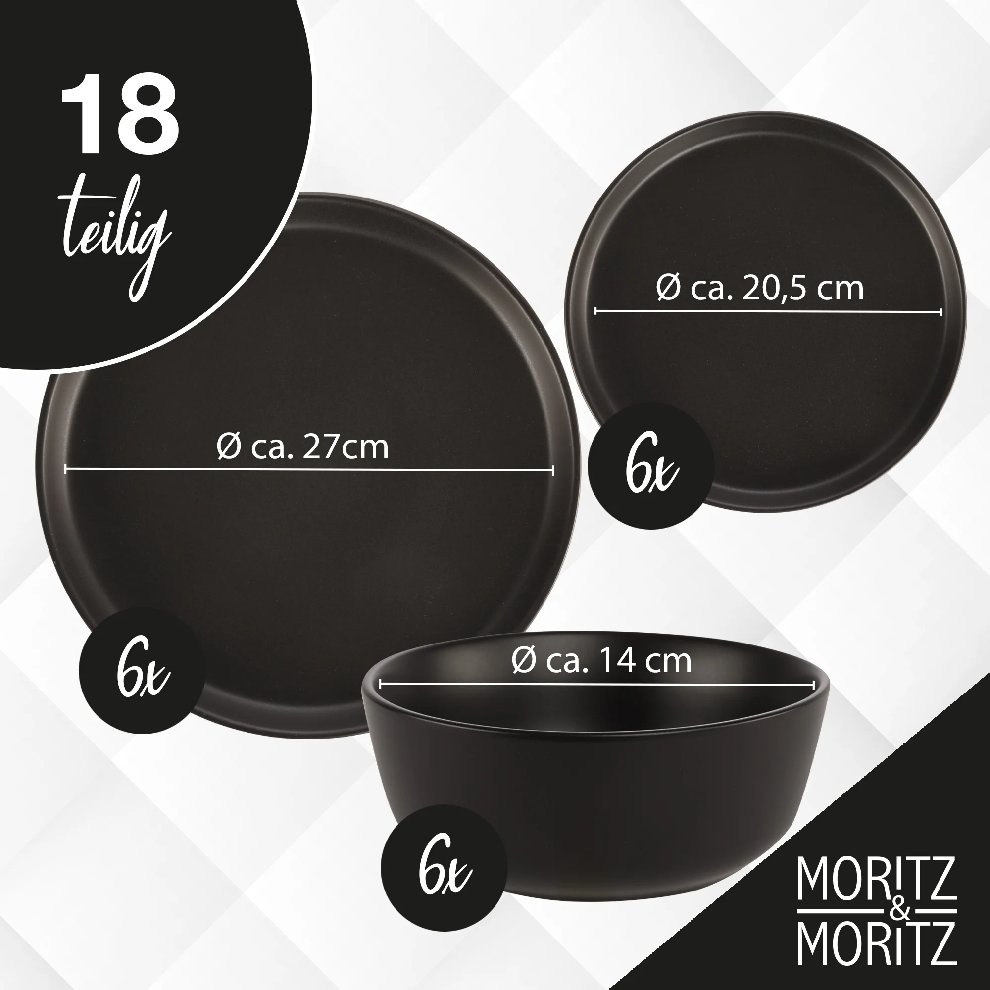 18-teiliges schwarzes Geschirrset im Nordic-Design auf einem Holztisch, bestehend aus flachen Tellern