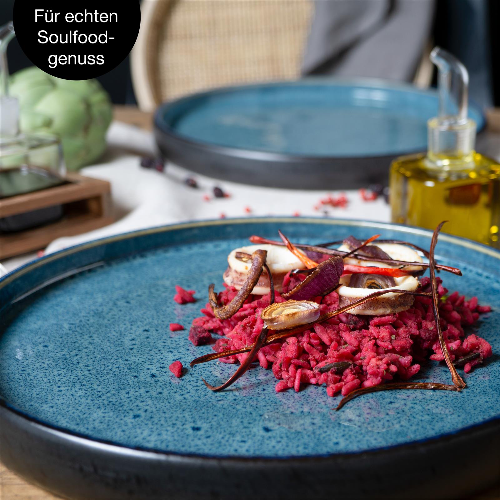 4-teiliges Gourmet-Dinner-Teller-Set in reaktivem Blau, das Eleganz und Funktionalität vereint, aus Keramik