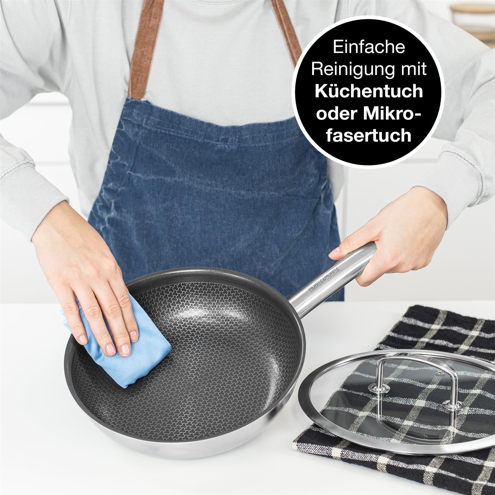 24cm-Pfanne mit Deckel und rundem Rand aus Edelstahl, auf einem Küchentisch präsentiert