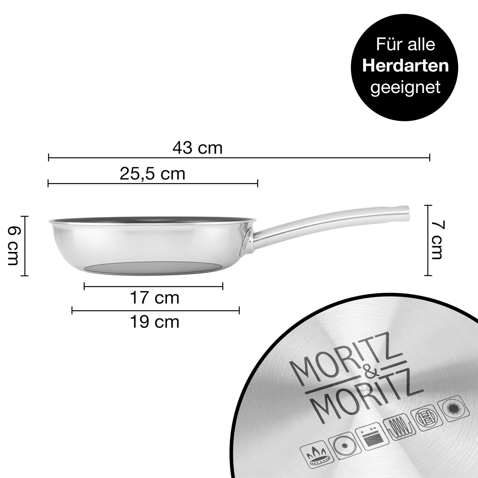 Hochwertige 24cm Pfanne ohne Deckel mit rundem Rand - Ideal für effizientes Braten und Kochen Bild einer 24 cm Pfanne ohne Deckel mit rundem Rand, von der Marke Moritz & Moritz, hervorgehoben durch ihre hochwertige Verarbeitung und zeitloses Design, ideal für vielseitiges Kochen und Braten.