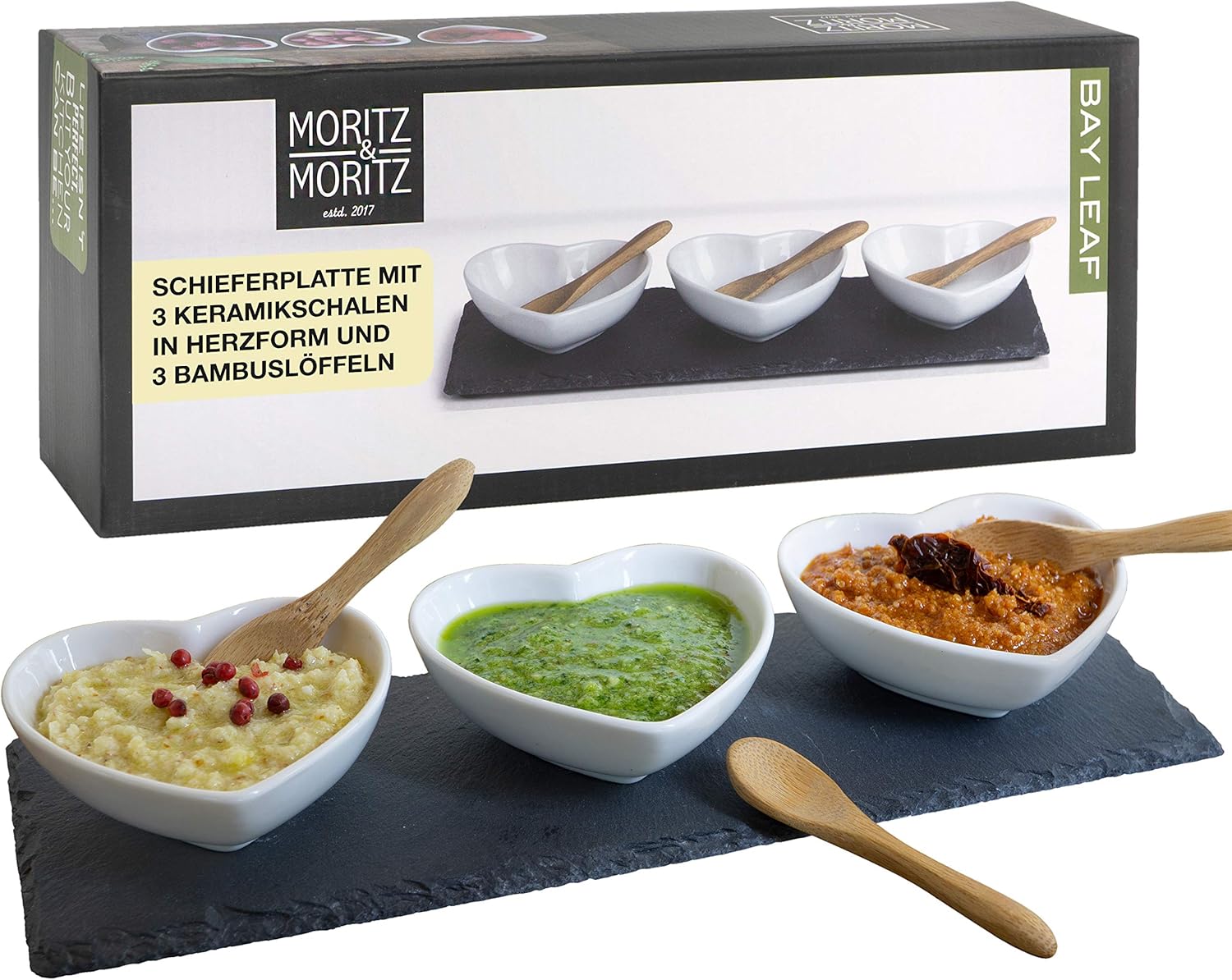 Schieferset Bay Leaf – Schieferplatte mit 3 Herz Schalen