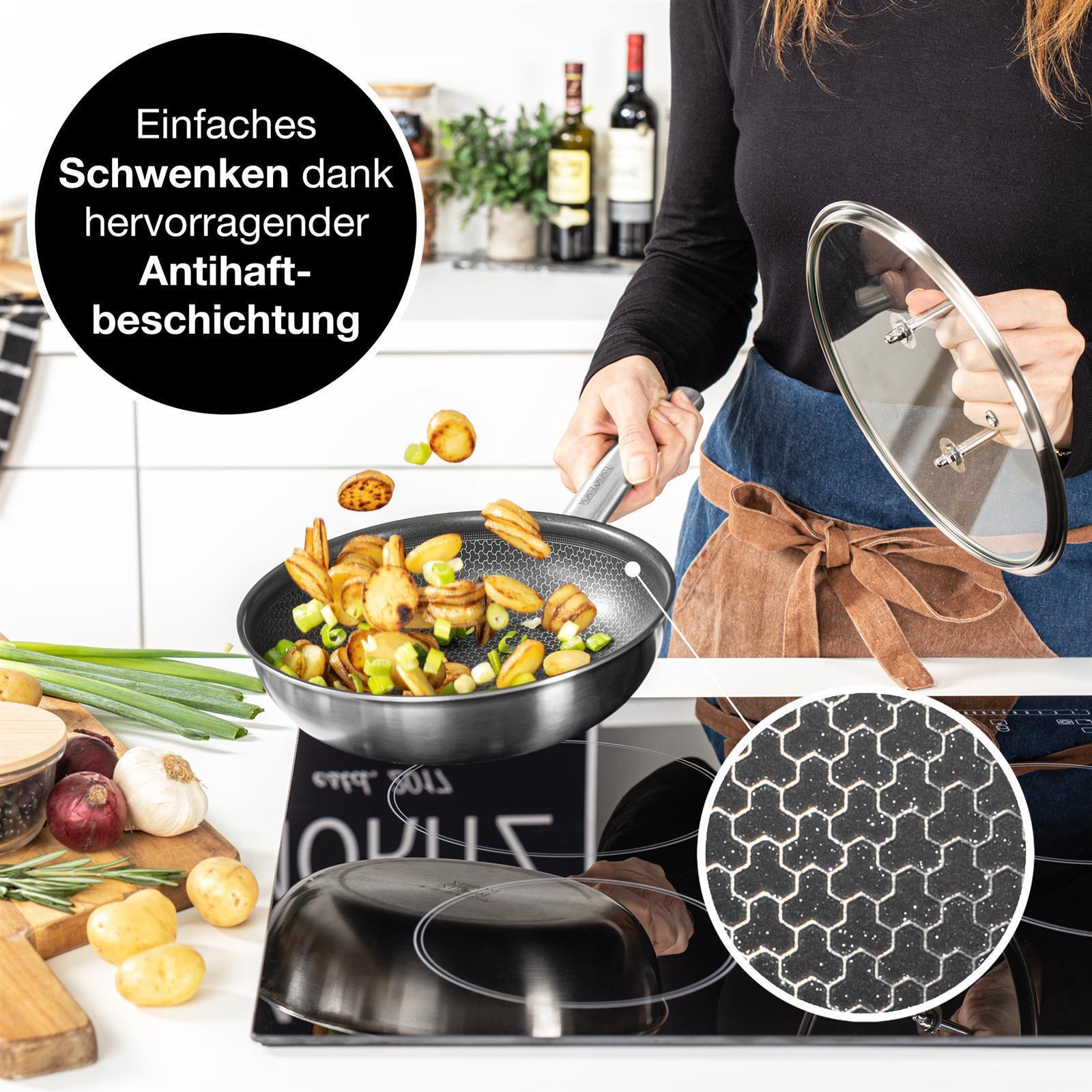 Hochwertige 24cm Pfanne mit Deckel und rundem Rand - Bild 11 Ein hochwertiges Foto einer 24cm Edelstahl-Pfanne mit Glasdeckel von Moritz und Moritz. Die Pfanne hat einen runden Rand und glänzt durch ihr modernes Design und ihre Funktionalität, ideal für vielseitiges Kochen in der Küche.