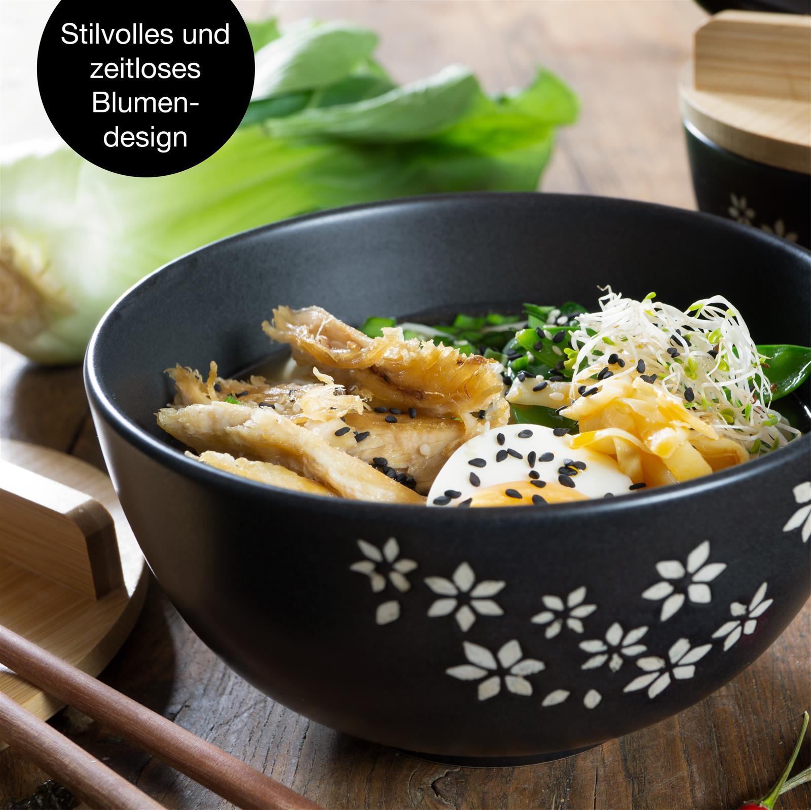Ramenschale, Zwei Gourmet-Ramen-Schüsseln mit floralem Deckeldesign auf einem Tisch platziert, 2-teilig