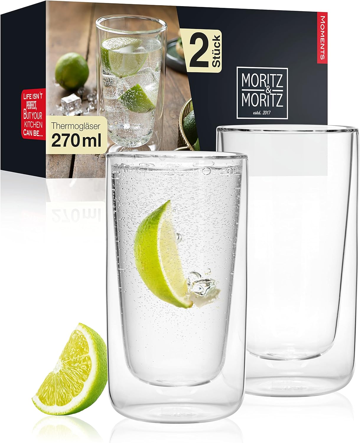 Doppelwandige Gläser 2x270ml, vor weißem Hintergrund
