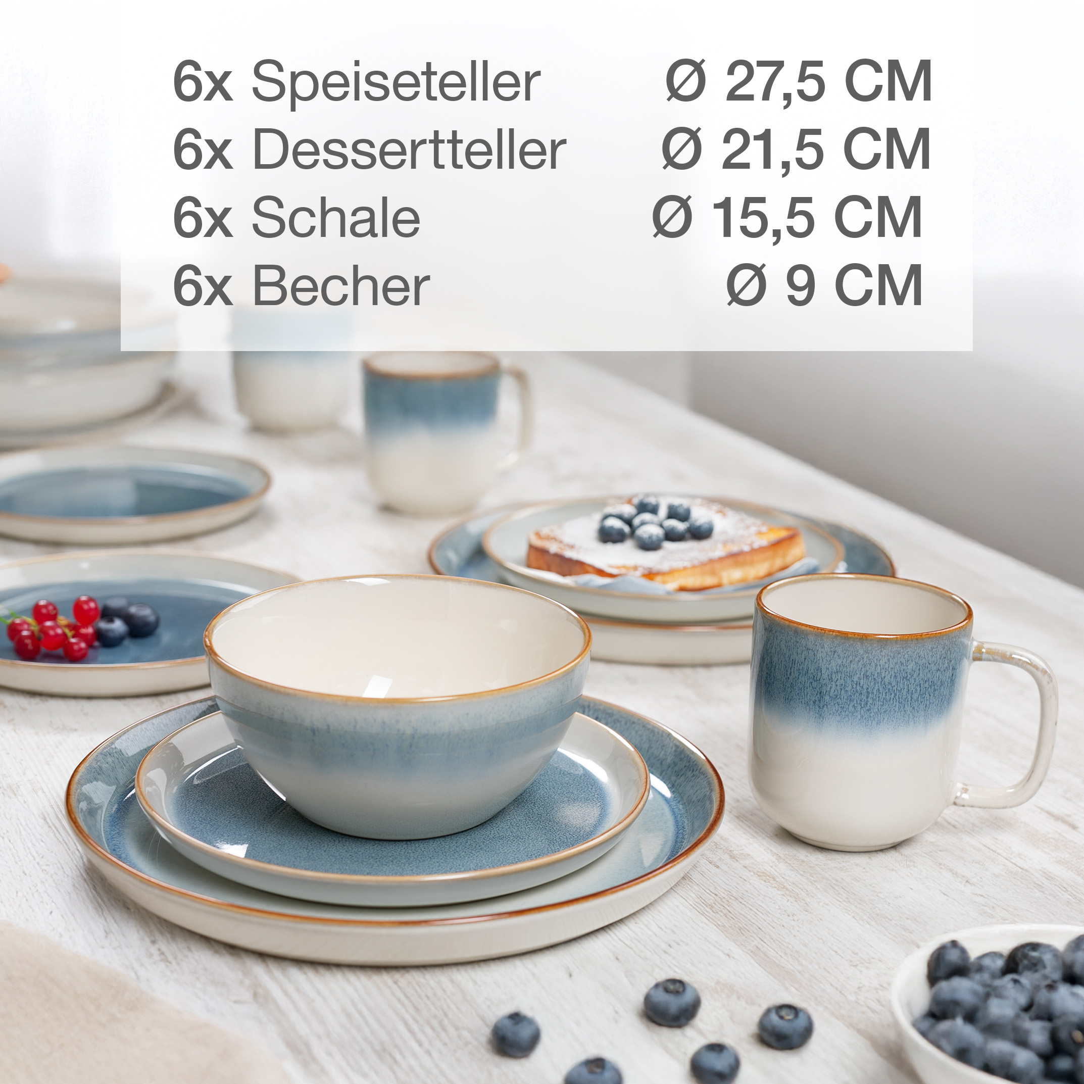 TARENTO 24tlg Geschirr Set für 6 Personen - Blau