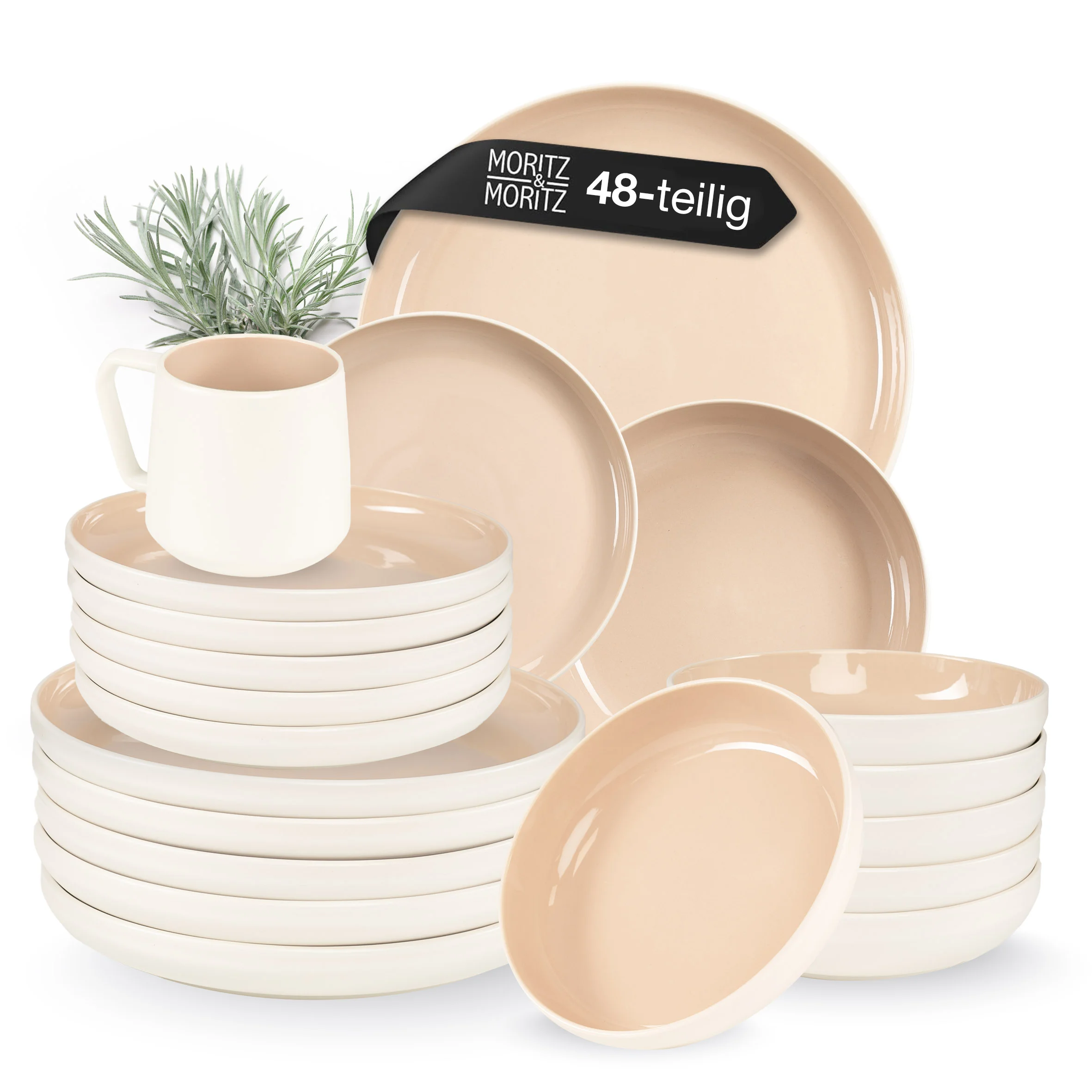 CAVO Geschirrset 48-teilig – Almond, vor weißem Hintergrund
