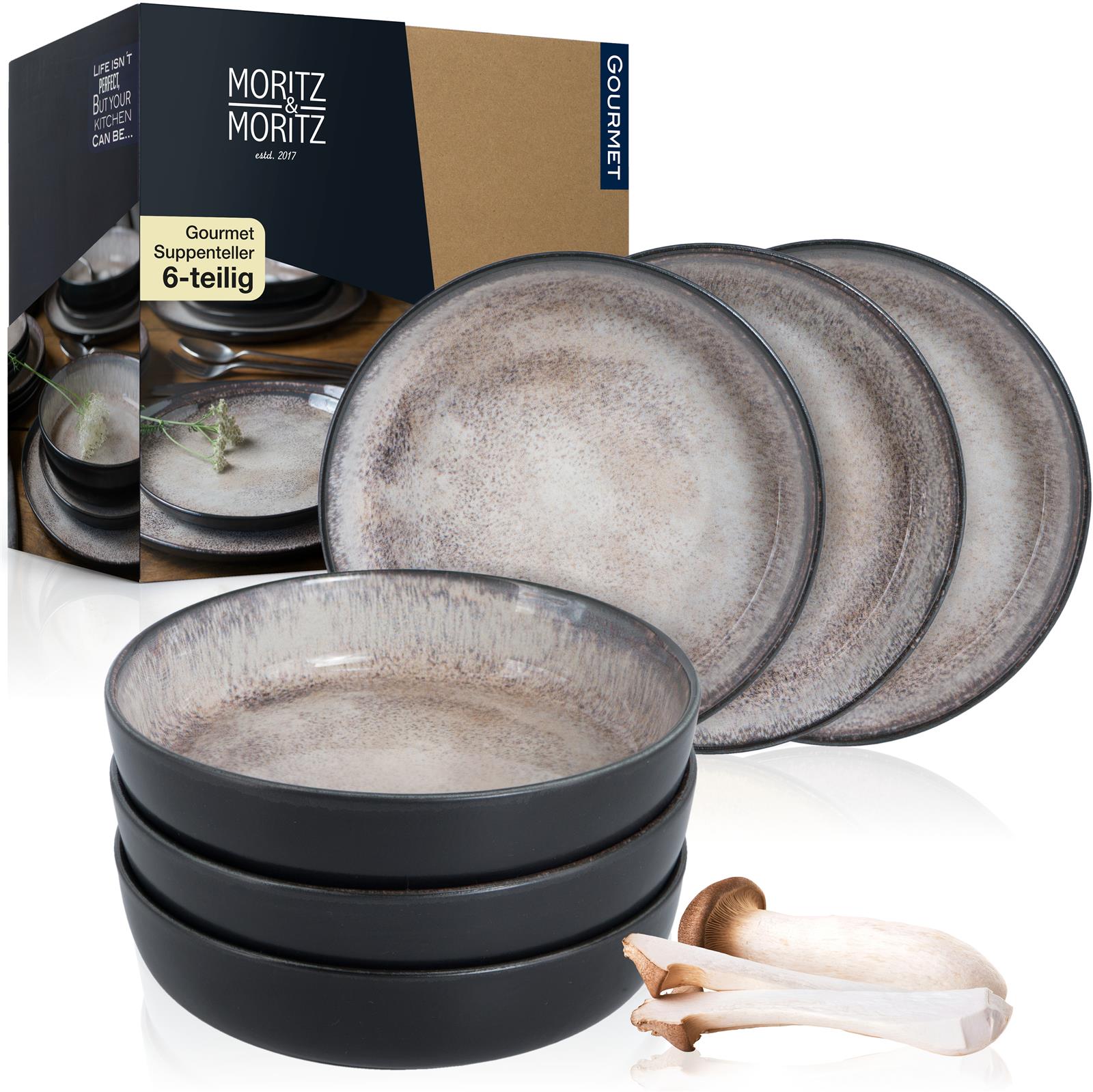 VIDA 6x Suppen Teller beige Geschirr Set, sechsteiliges Gourmet-Suppenteller-Set in Beige, auf einem Holztisch arrangiert