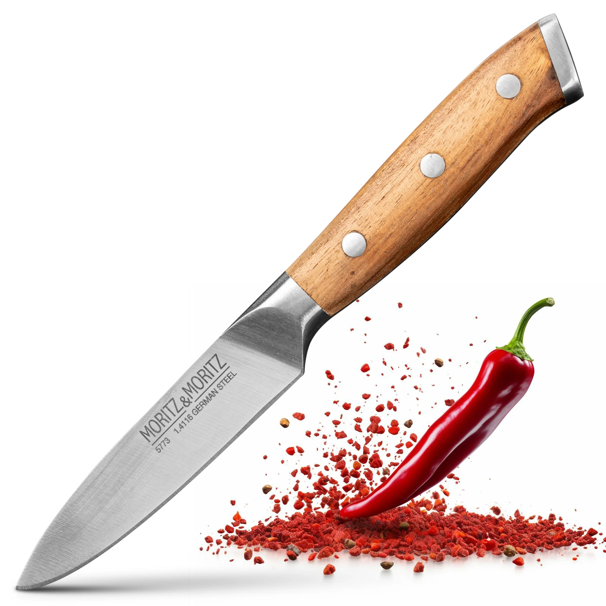 Gemüsemesser 9cm - Hochwertiges Schneidemesser für präzises Schneiden Gemüsemesser mit 9 cm langer Klinge, silberfarben und mit schwarzem ergonomischem Griff, auf weißem Hintergrund.